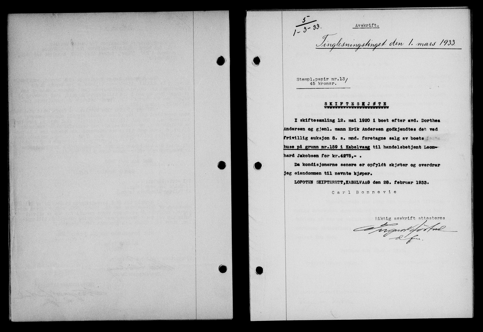 Lofoten sorenskriveri, SAT/A-0017/1/2/2C/L0027b: Mortgage book no. 27b, 1933-1933, Deed date: 01.03.1933