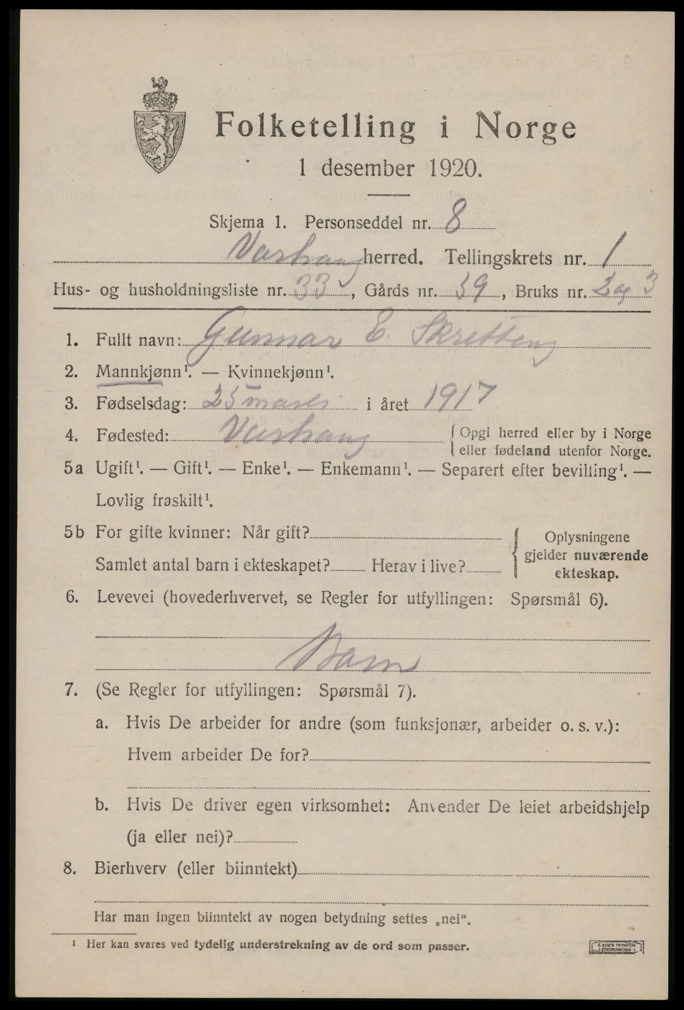 SAST, 1920 census for Varhaug, 1920, p. 1223