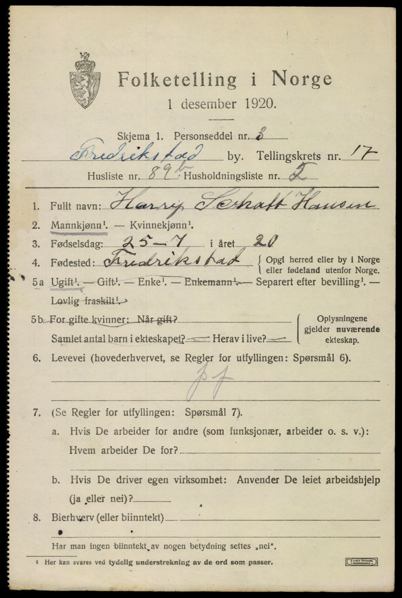 SAO, 1920 census for Fredrikstad, 1920, p. 40721