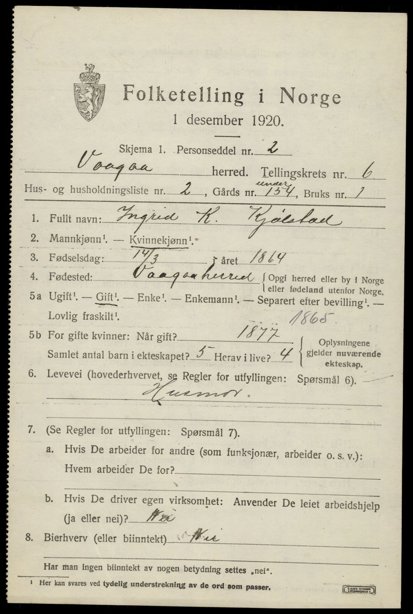 SAH, 1920 census for Vågå, 1920, p. 4706