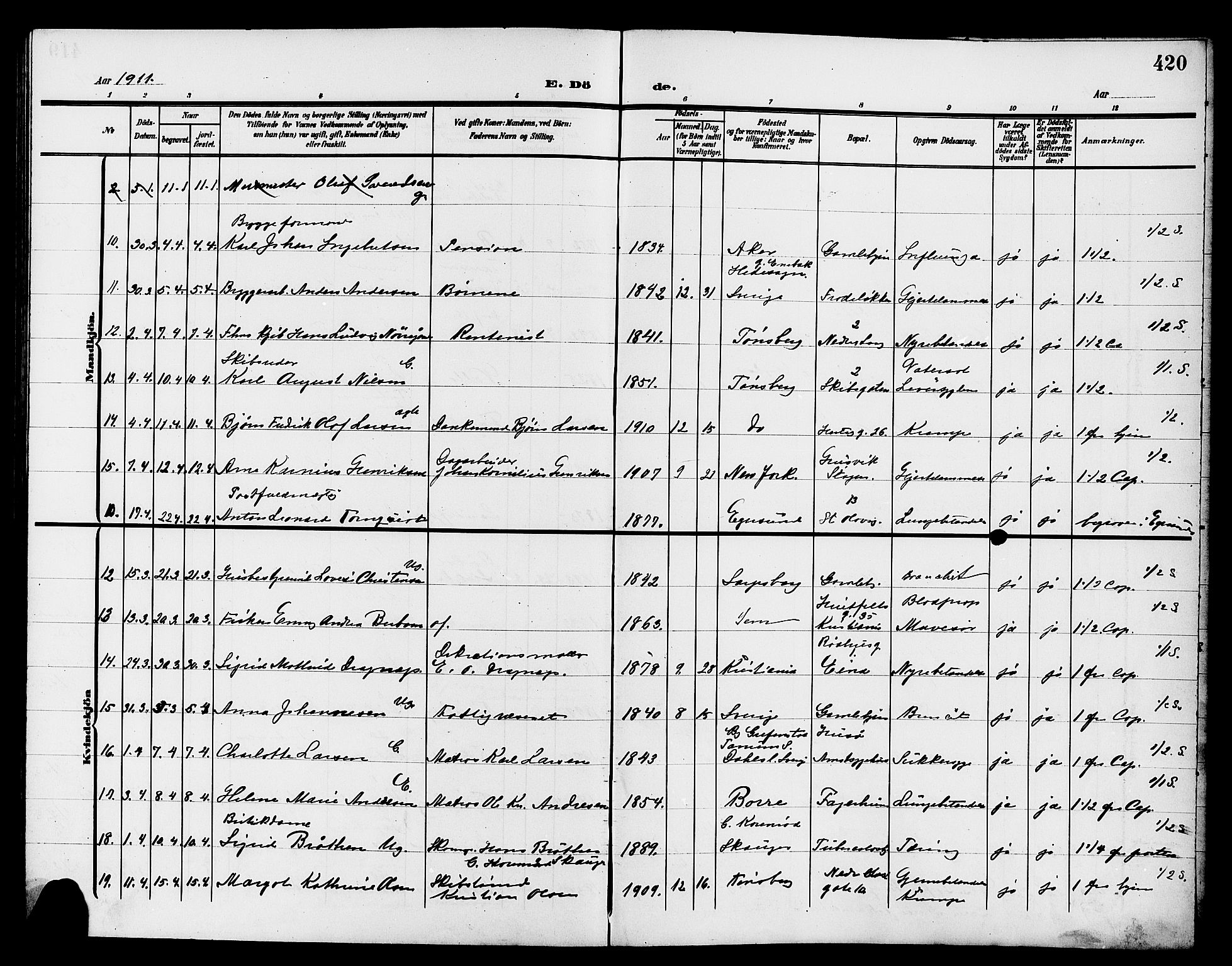 Tønsberg kirkebøker, AV/SAKO-A-330/G/Ga/L0008: Parish register (copy) no. 8, 1905-1912, p. 420