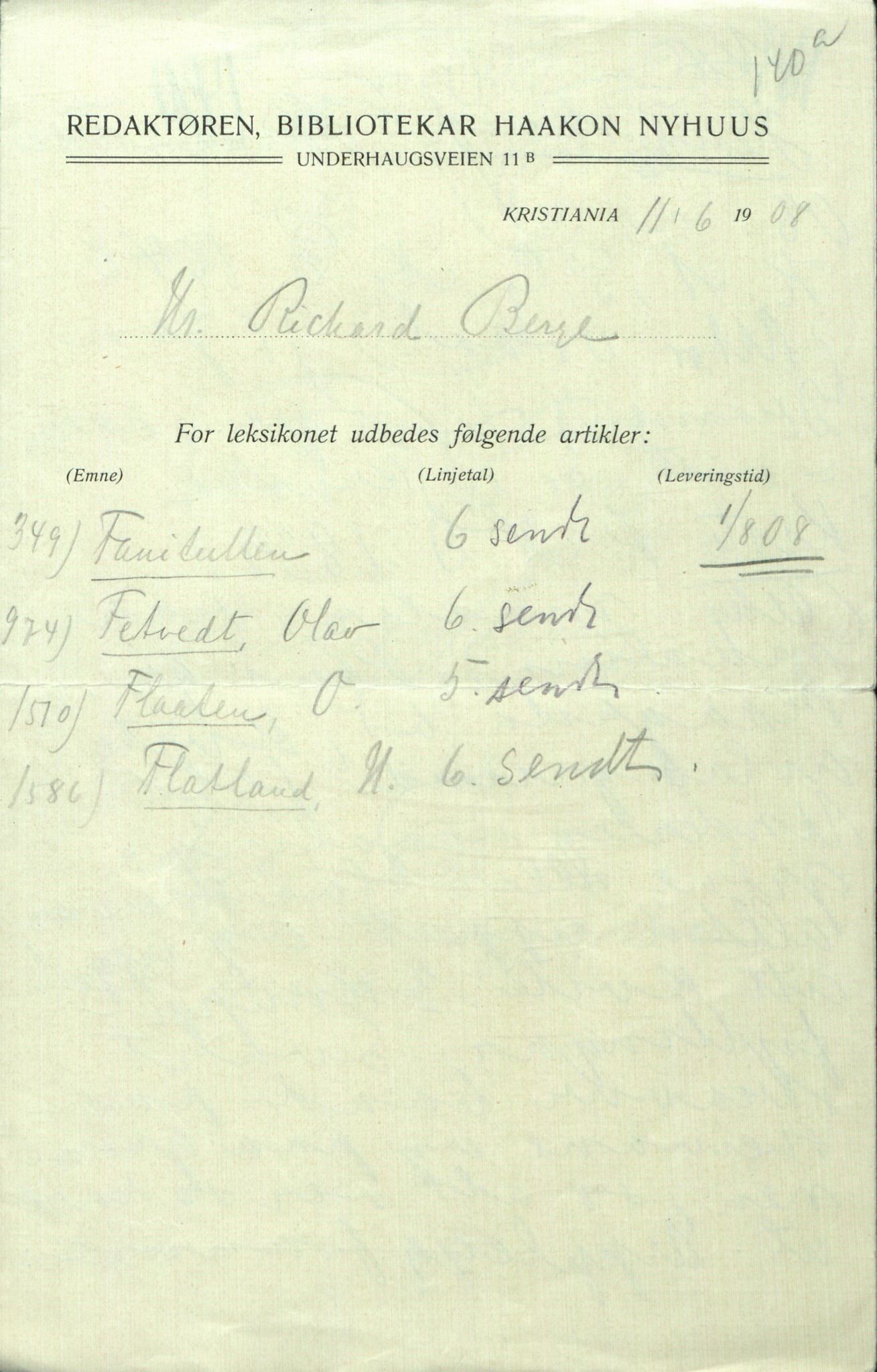 Rikard Berge, TEMU/TGM-A-1003/F/L0005/0003: 160-200 / 162 Sagn, viser, fortellinger, rosemåling, treskurd. Brev, bl.a. til R. B. fra Olav O. Vinje, Amerika