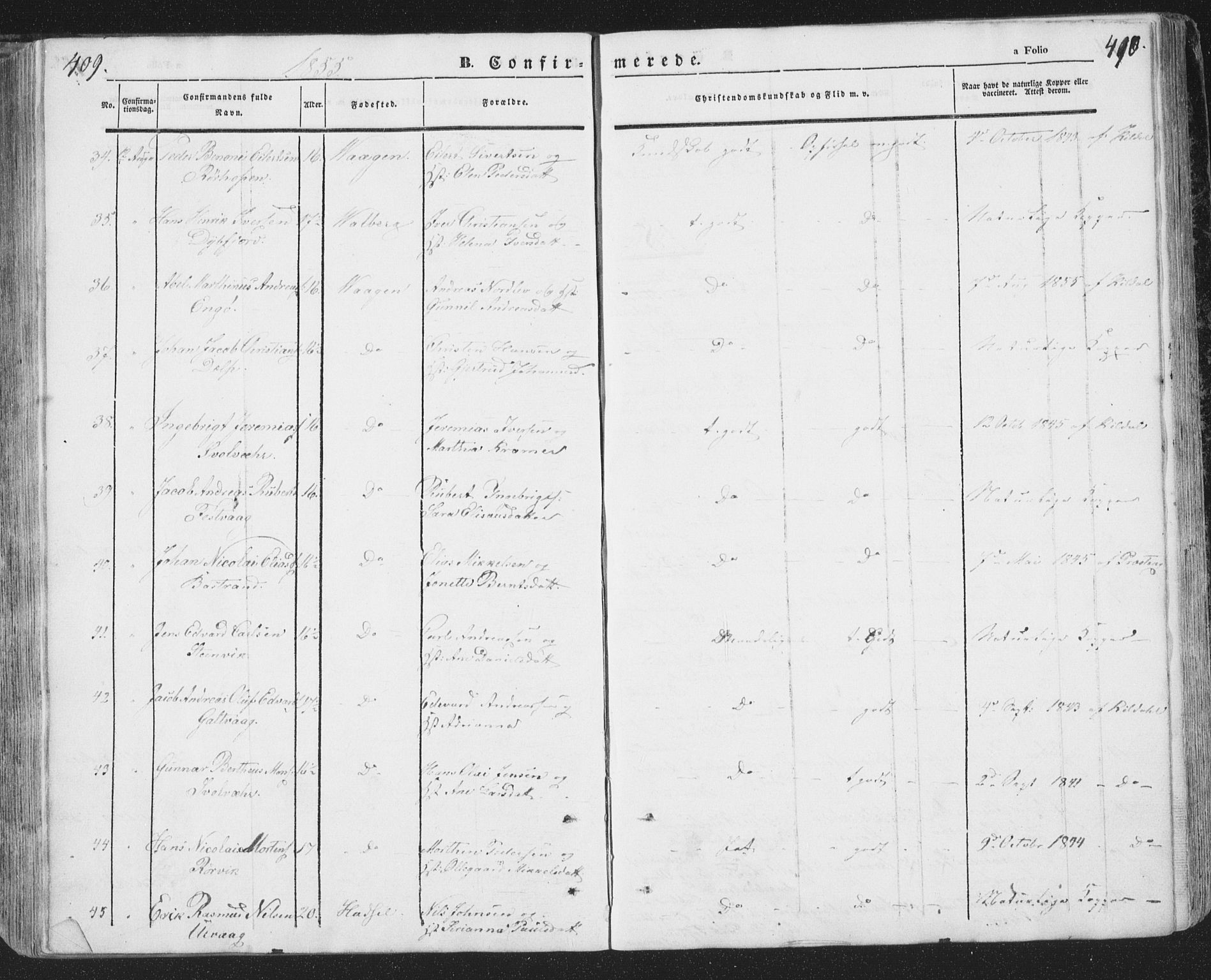 Ministerialprotokoller, klokkerbøker og fødselsregistre - Nordland, AV/SAT-A-1459/874/L1072: Parish register (copy) no. 874C01, 1843-1859, p. 409-410