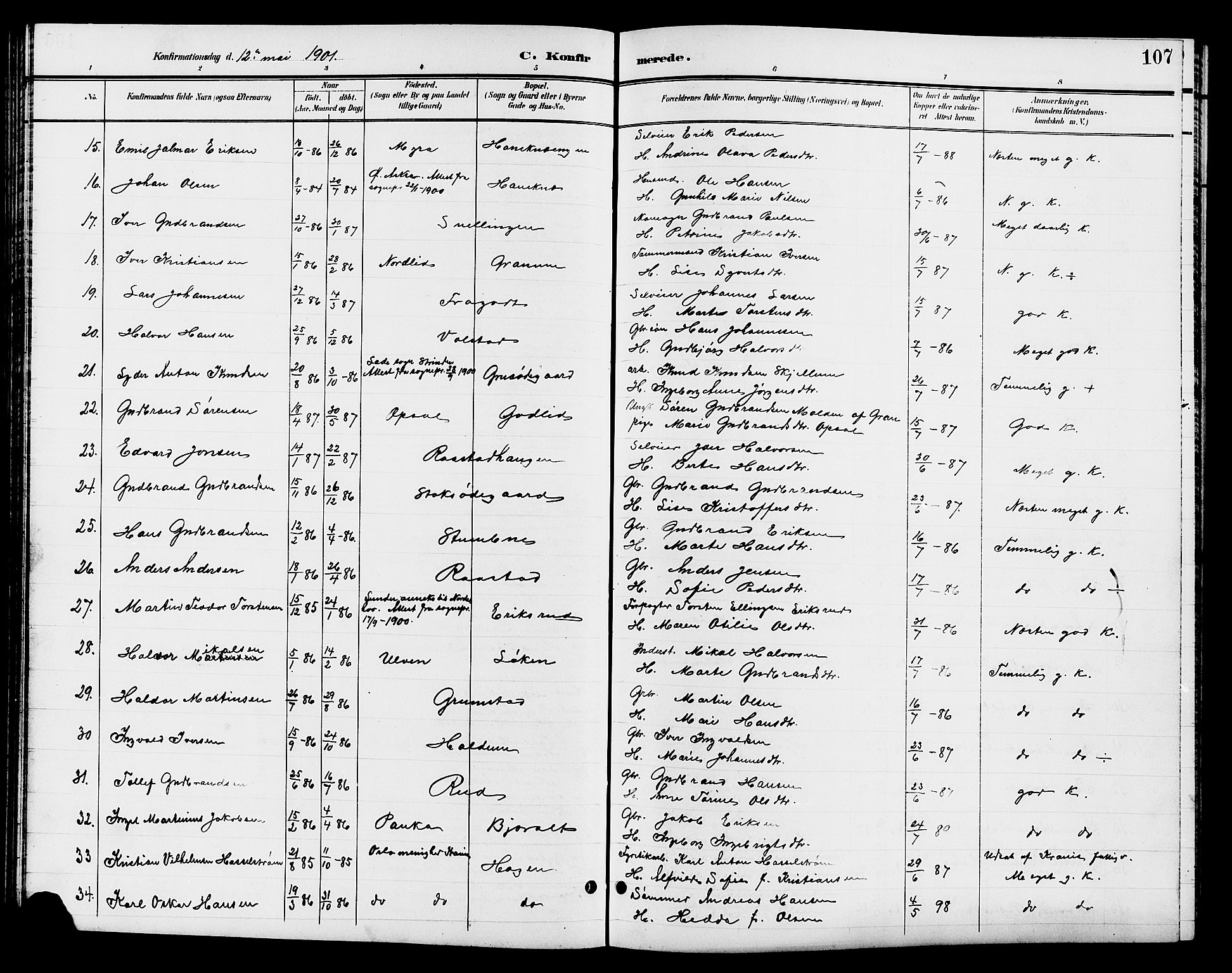 Jevnaker prestekontor, SAH/PREST-116/H/Ha/Hab/L0003: Parish register (copy) no. 3, 1896-1909, p. 107