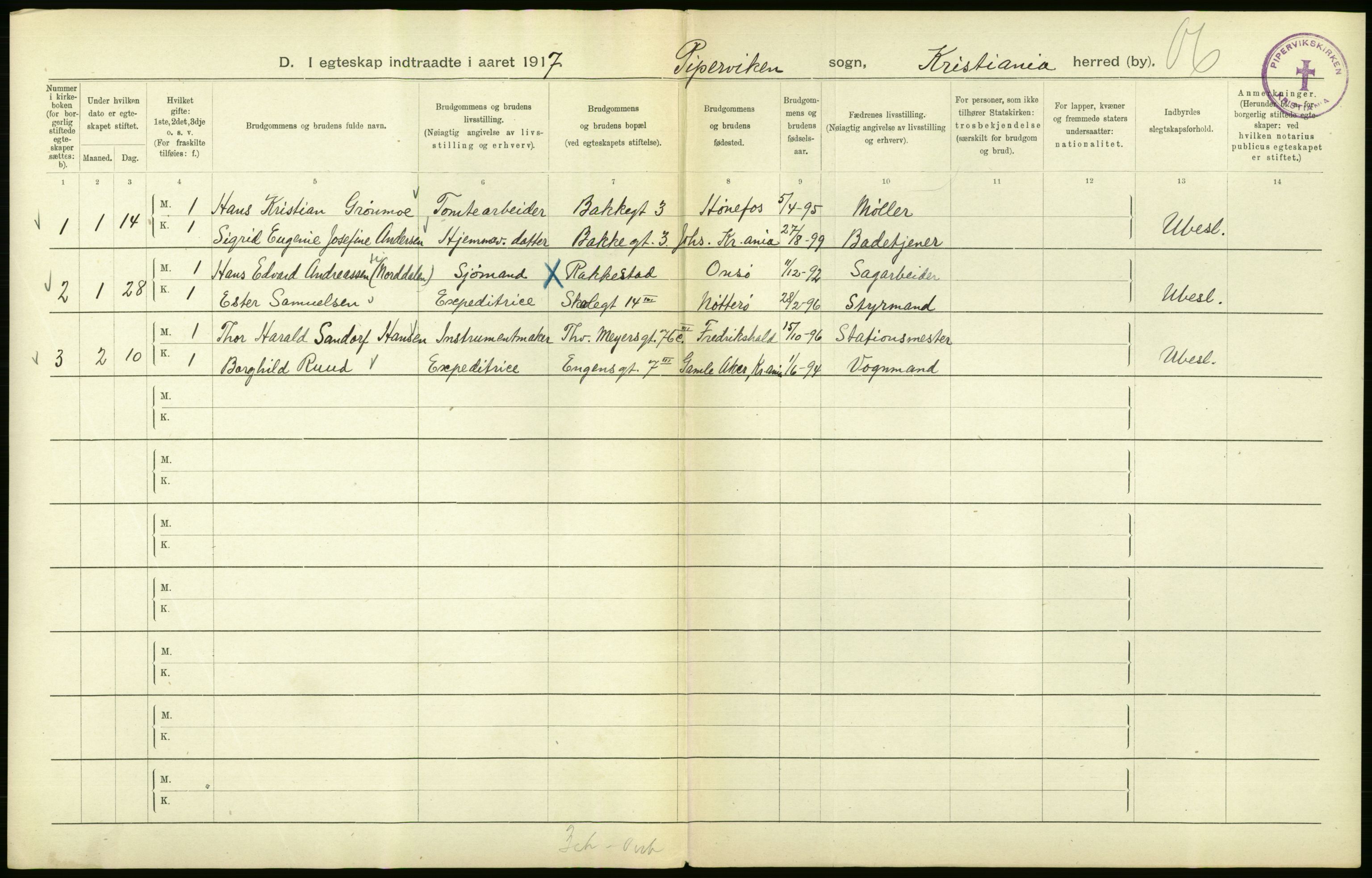 Statistisk sentralbyrå, Sosiodemografiske emner, Befolkning, AV/RA-S-2228/D/Df/Dfb/Dfbg/L0009: Kristiania: Gifte, 1917, p. 260