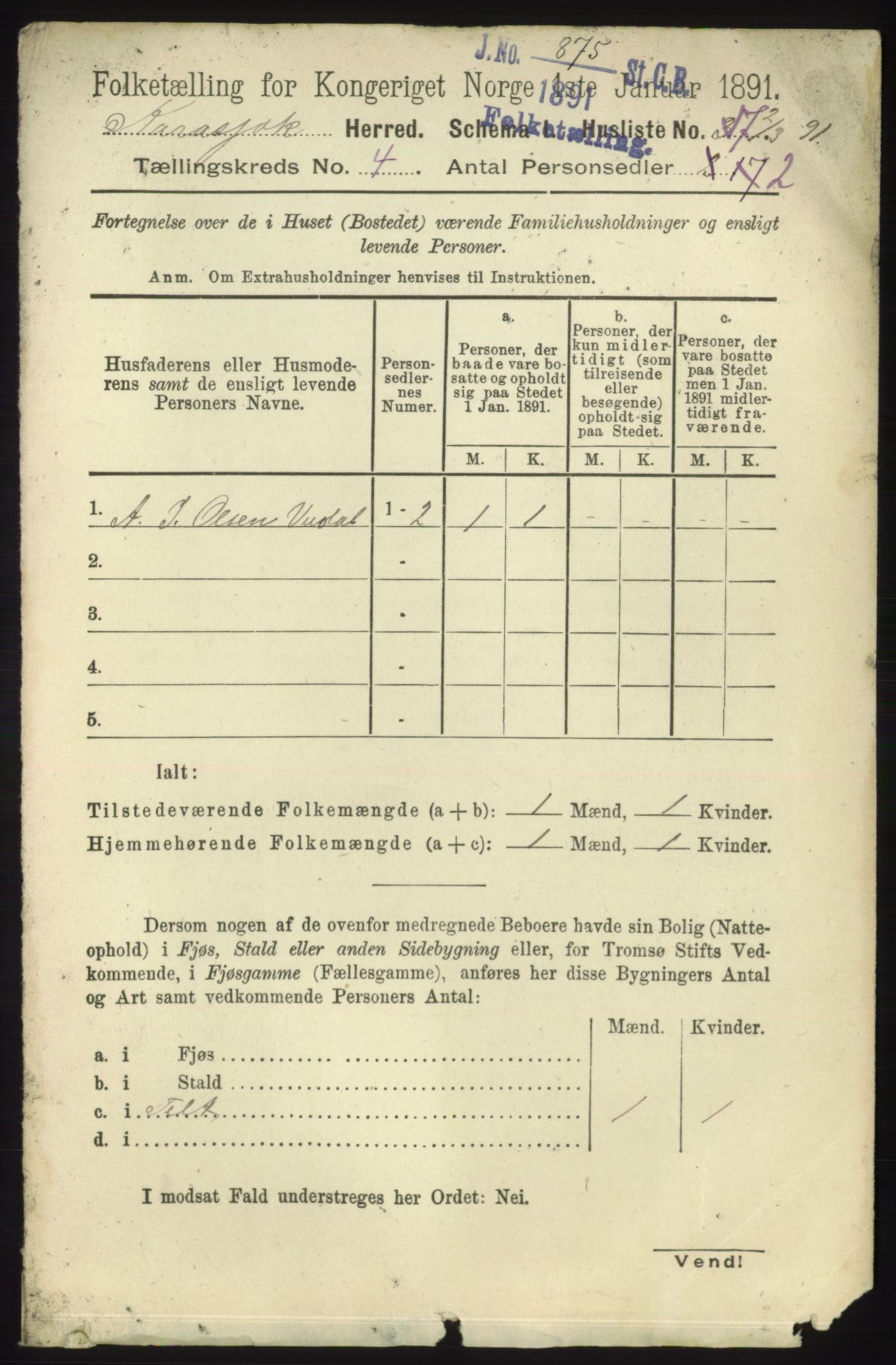 RA, 1891 census for 2021 Karasjok, 1891, p. 691