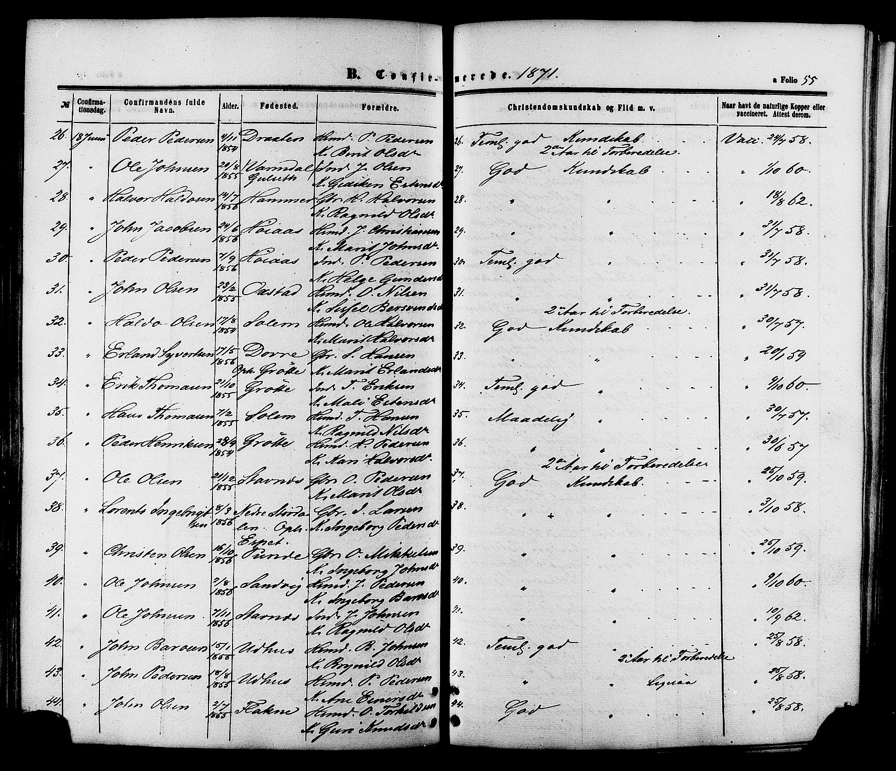 Ministerialprotokoller, klokkerbøker og fødselsregistre - Sør-Trøndelag, SAT/A-1456/695/L1147: Parish register (official) no. 695A07, 1860-1877, p. 55