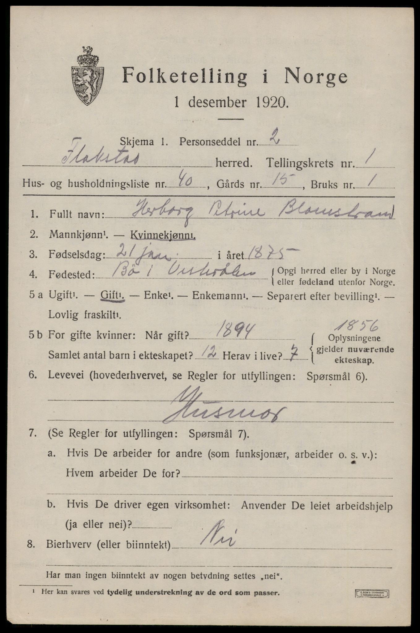 SAT, 1920 census for Flakstad, 1920, p. 1029