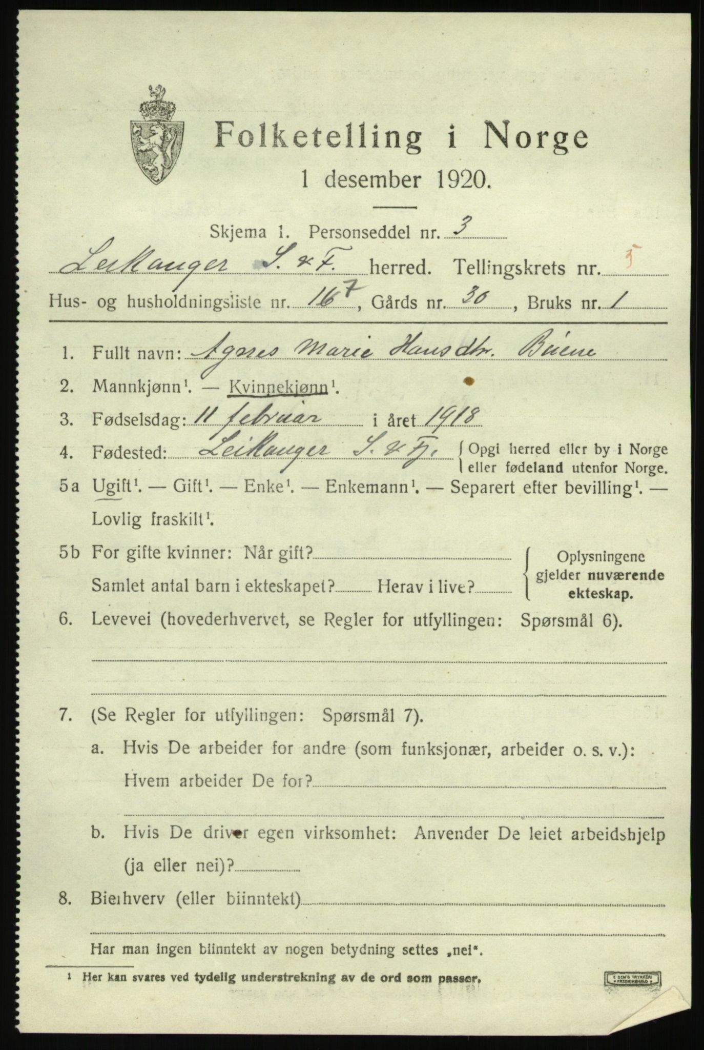 SAB, 1920 census for Leikanger, 1920, p. 3798