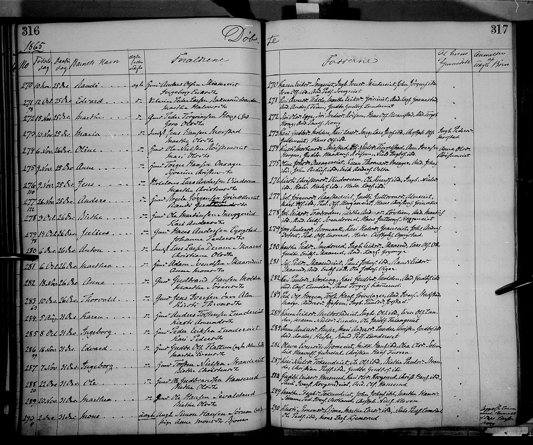 Gran prestekontor, SAH/PREST-112/H/Ha/Haa/L0012: Parish register (official) no. 12, 1856-1874, p. 316-317