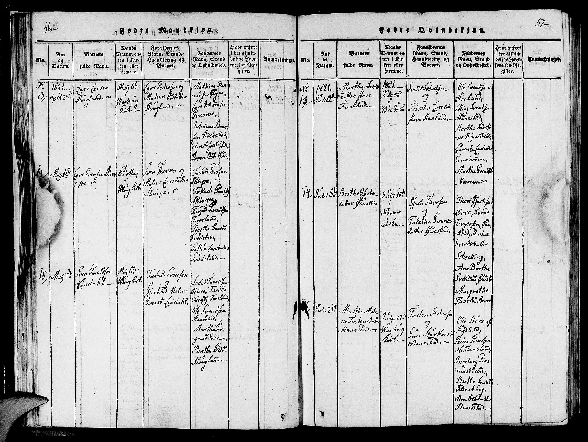 Hå sokneprestkontor, AV/SAST-A-101801/001/30BA/L0003: Parish register (official) no. A 3, 1815-1825, p. 56-57