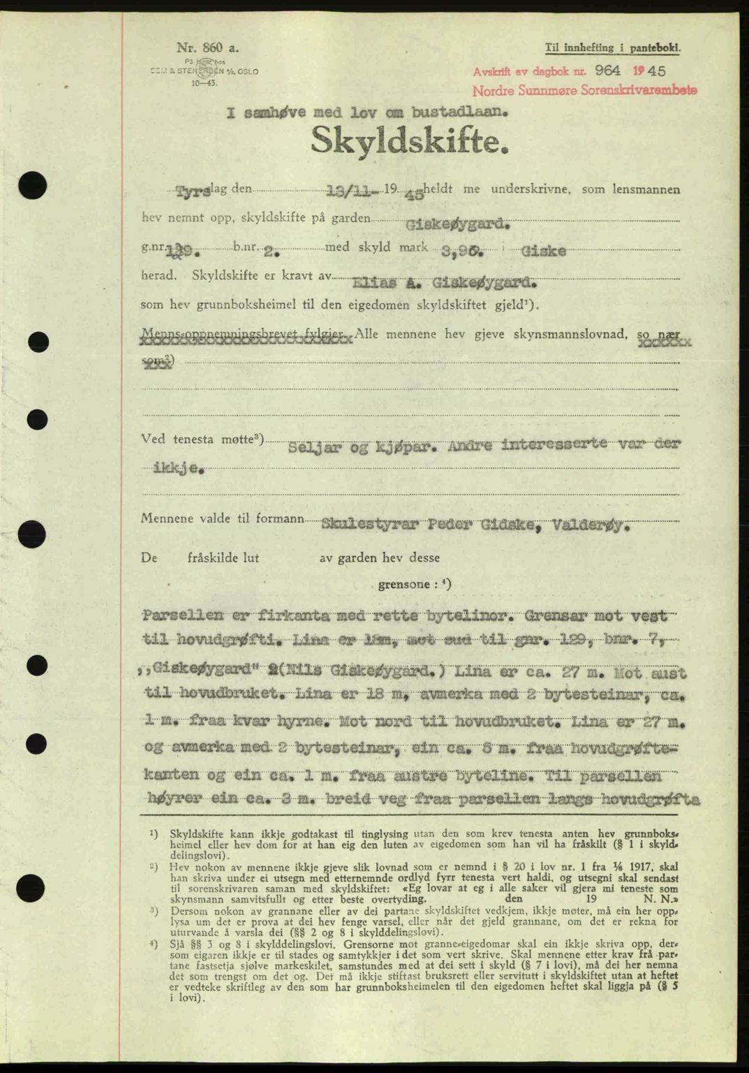 Nordre Sunnmøre sorenskriveri, AV/SAT-A-0006/1/2/2C/2Ca: Mortgage book no. A20a, 1945-1945, Diary no: : 964/1945