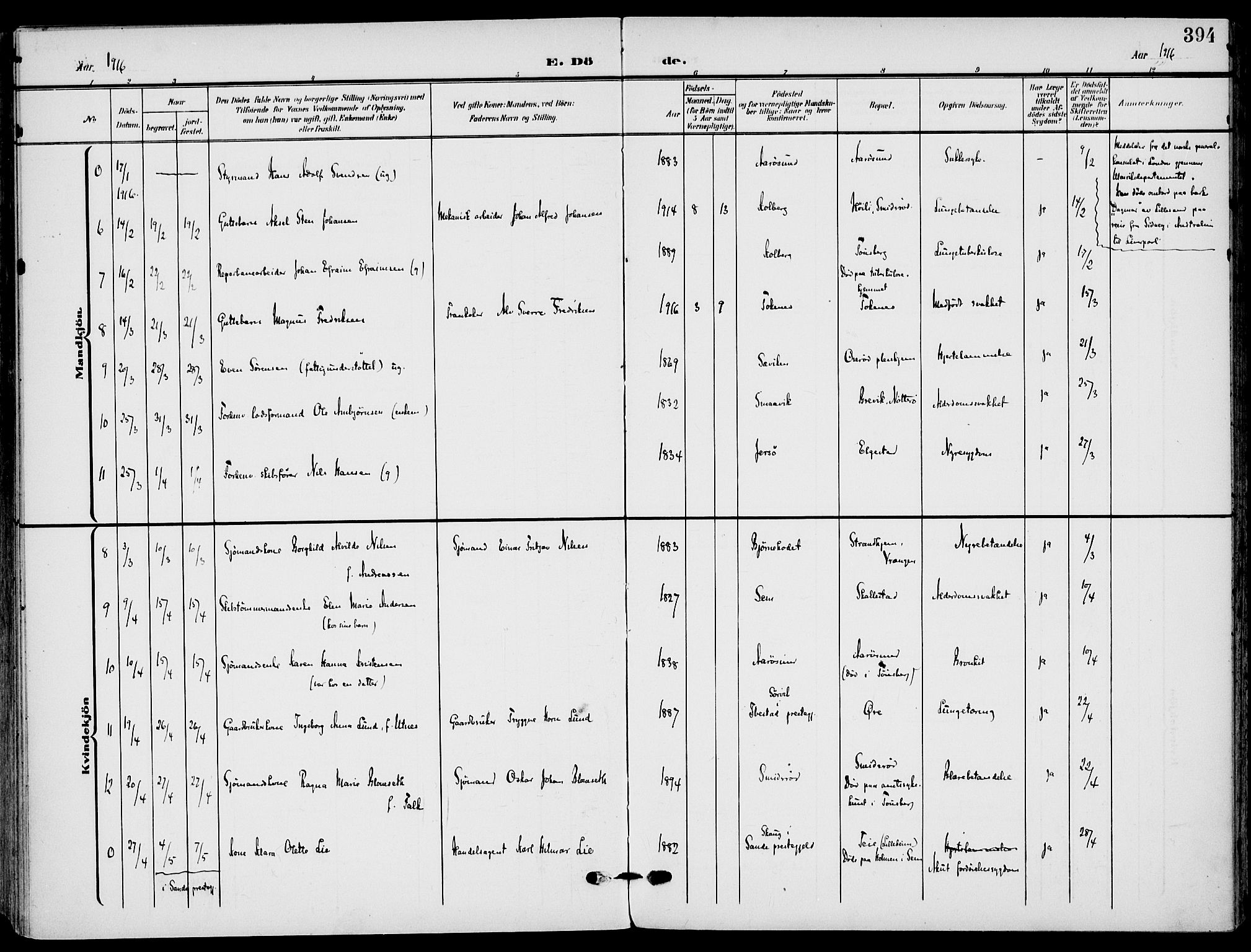 Nøtterøy kirkebøker, SAKO/A-354/F/Fa/L0010: Parish register (official) no. I 10, 1908-1919, p. 394