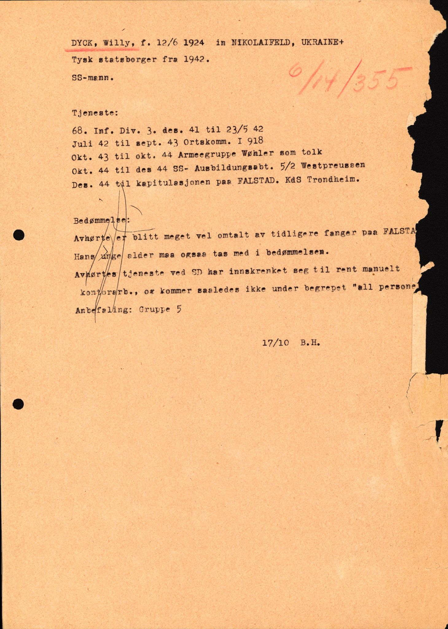 Forsvaret, Forsvarets overkommando II, AV/RA-RAFA-3915/D/Db/L0006: CI Questionaires. Tyske okkupasjonsstyrker i Norge. Tyskere., 1945-1946, p. 313