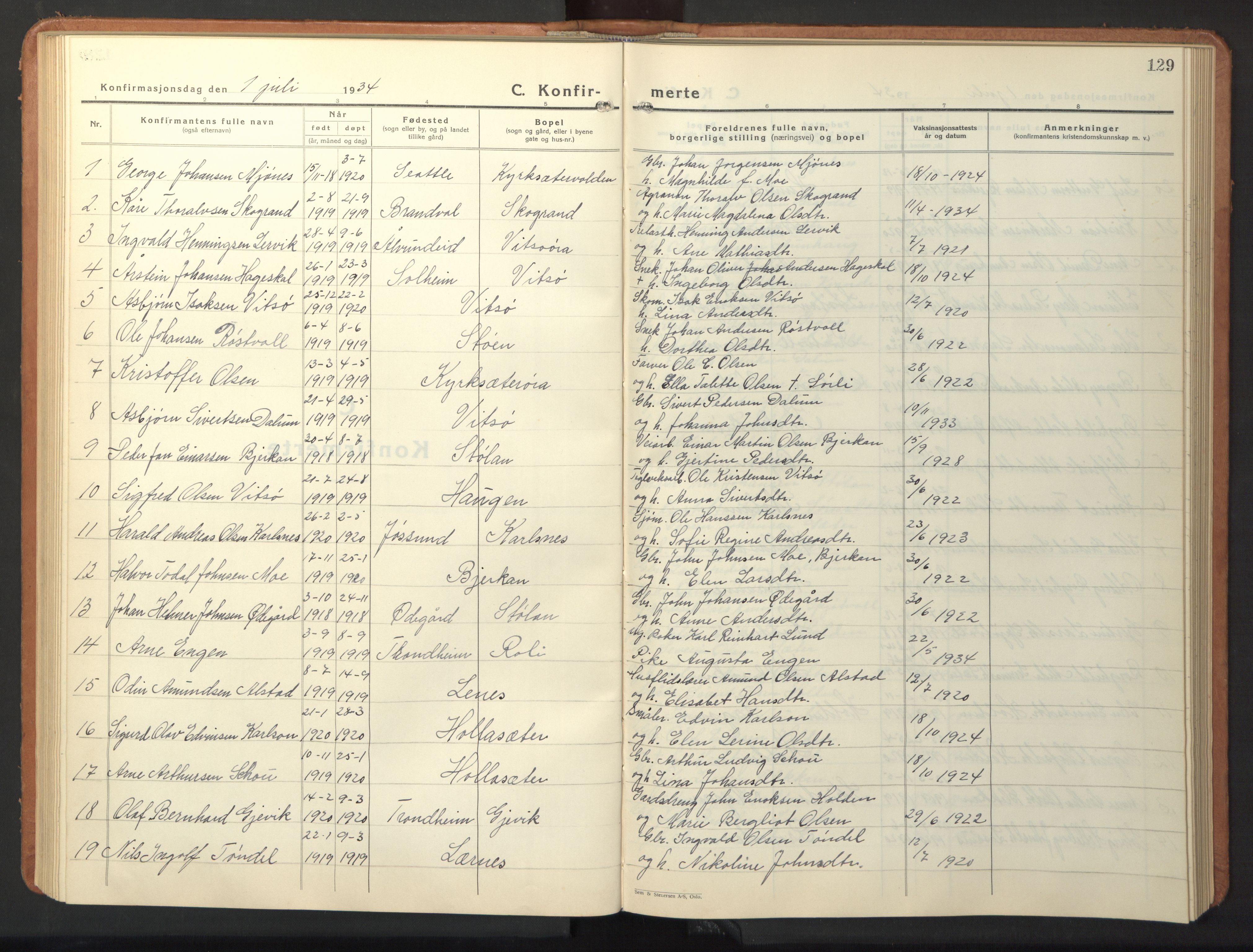 Ministerialprotokoller, klokkerbøker og fødselsregistre - Sør-Trøndelag, SAT/A-1456/630/L0508: Parish register (copy) no. 630C06, 1933-1950, p. 129