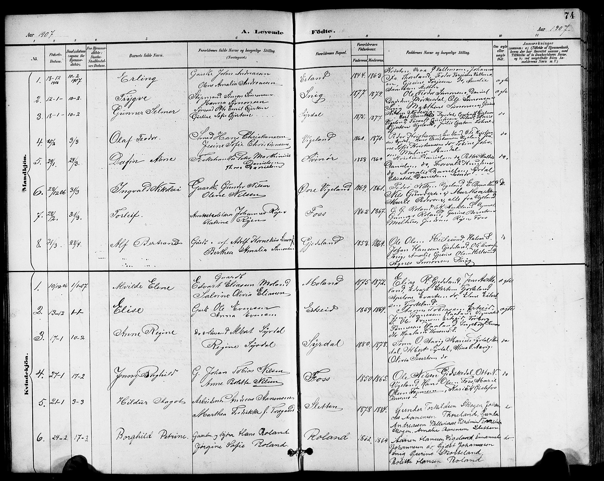 Sør-Audnedal sokneprestkontor, AV/SAK-1111-0039/F/Fb/Fbb/L0006: Parish register (copy) no. B 6, 1893-1915, p. 74