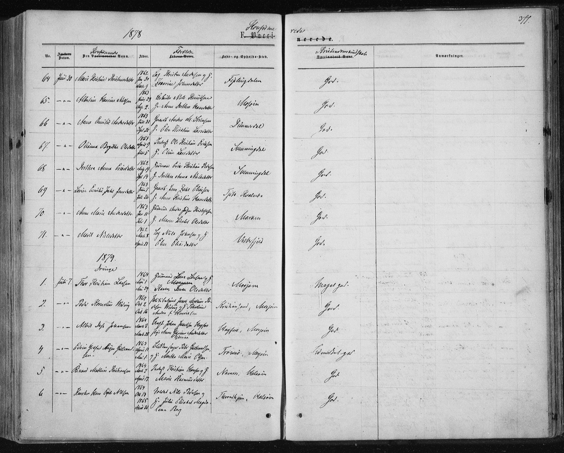 Ministerialprotokoller, klokkerbøker og fødselsregistre - Nordland, AV/SAT-A-1459/820/L0294: Parish register (official) no. 820A15, 1866-1879, p. 377