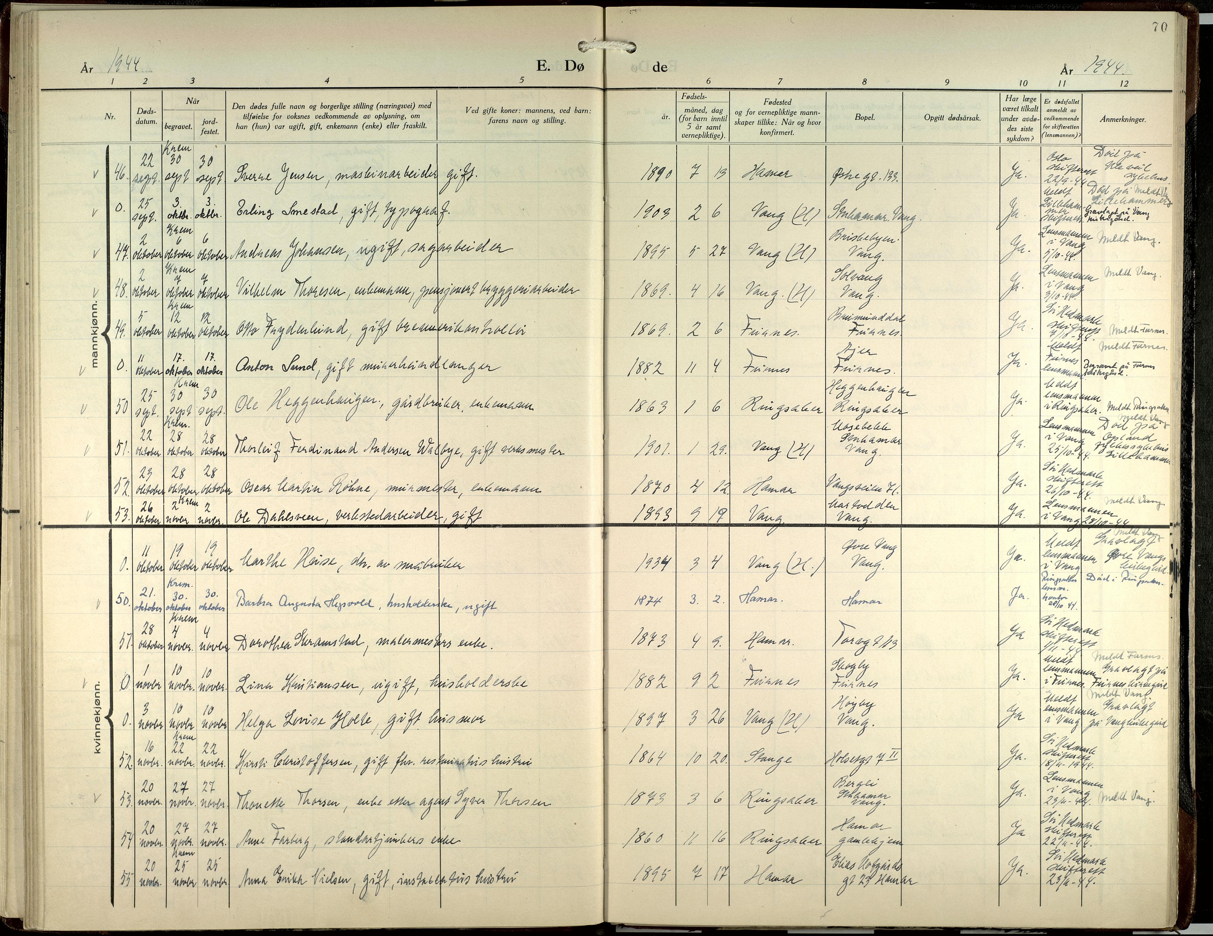 Hamar prestekontor, AV/SAH-DOMPH-002/H/Ha/Haa/L0007: Parish register (official) no. 7, 1933-1953, p. 70