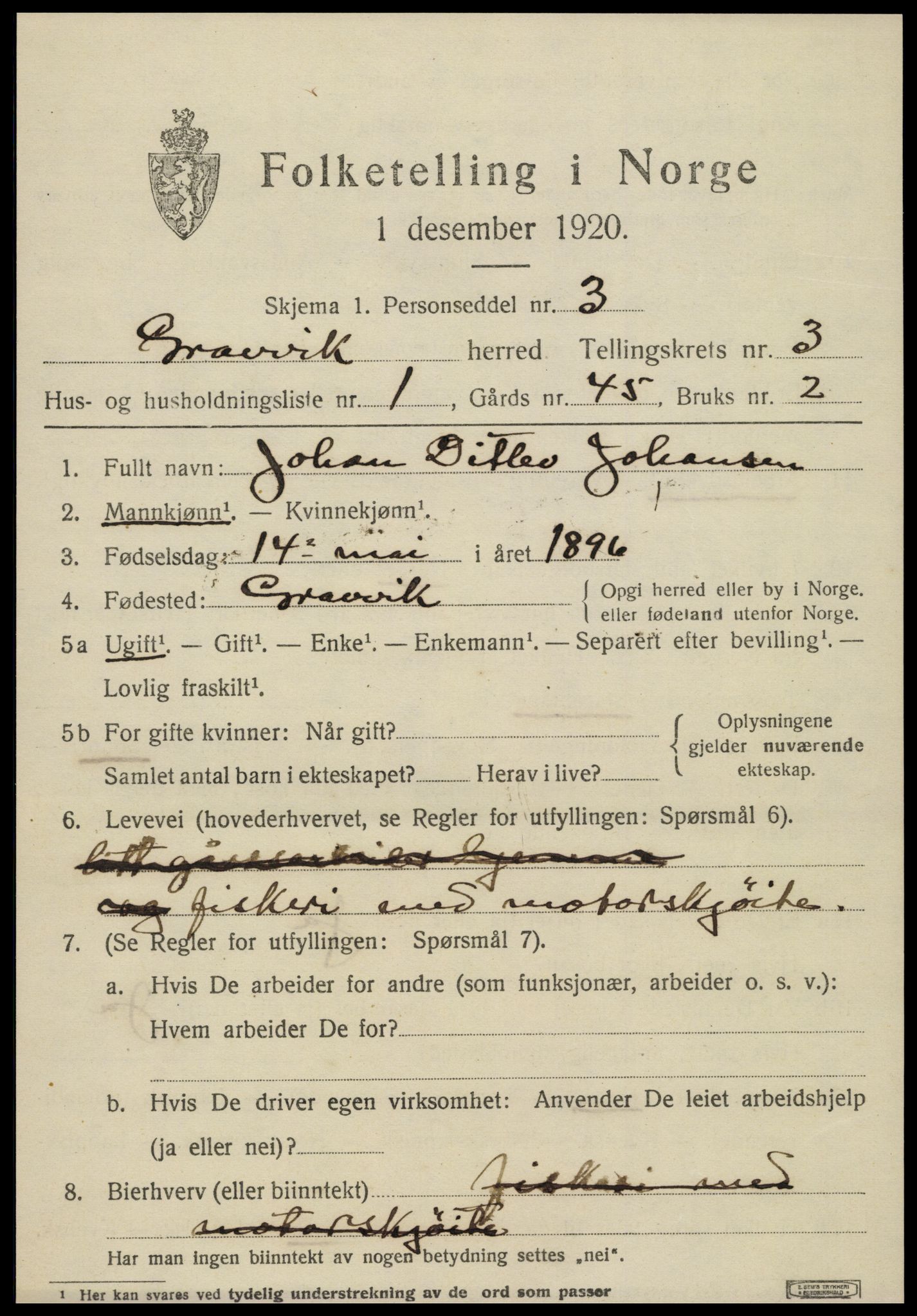 SAT, 1920 census for Gravvik, 1920, p. 1602