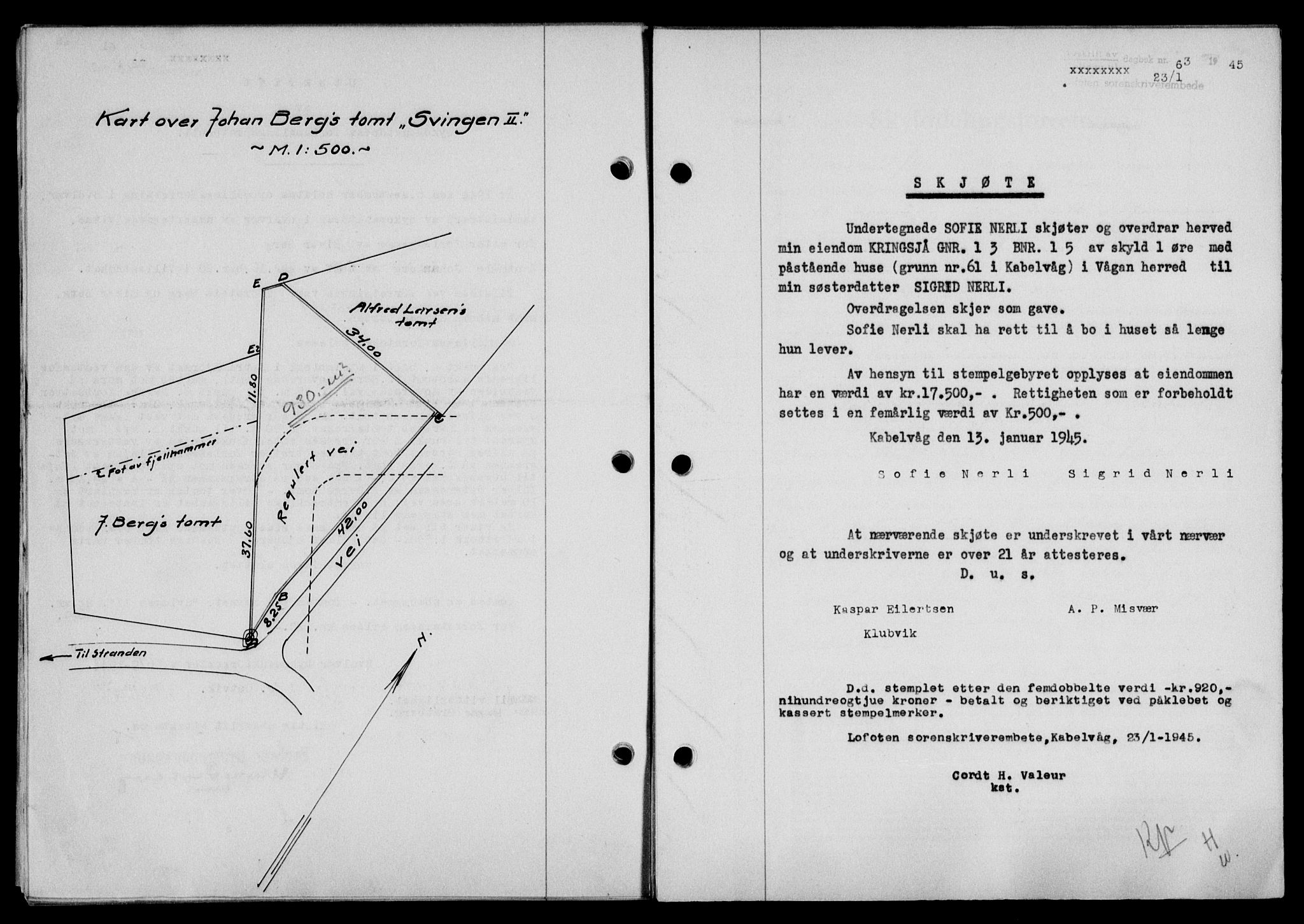 Lofoten sorenskriveri, SAT/A-0017/1/2/2C/L0013a: Mortgage book no. 13a, 1944-1946, Diary no: : 63/1945