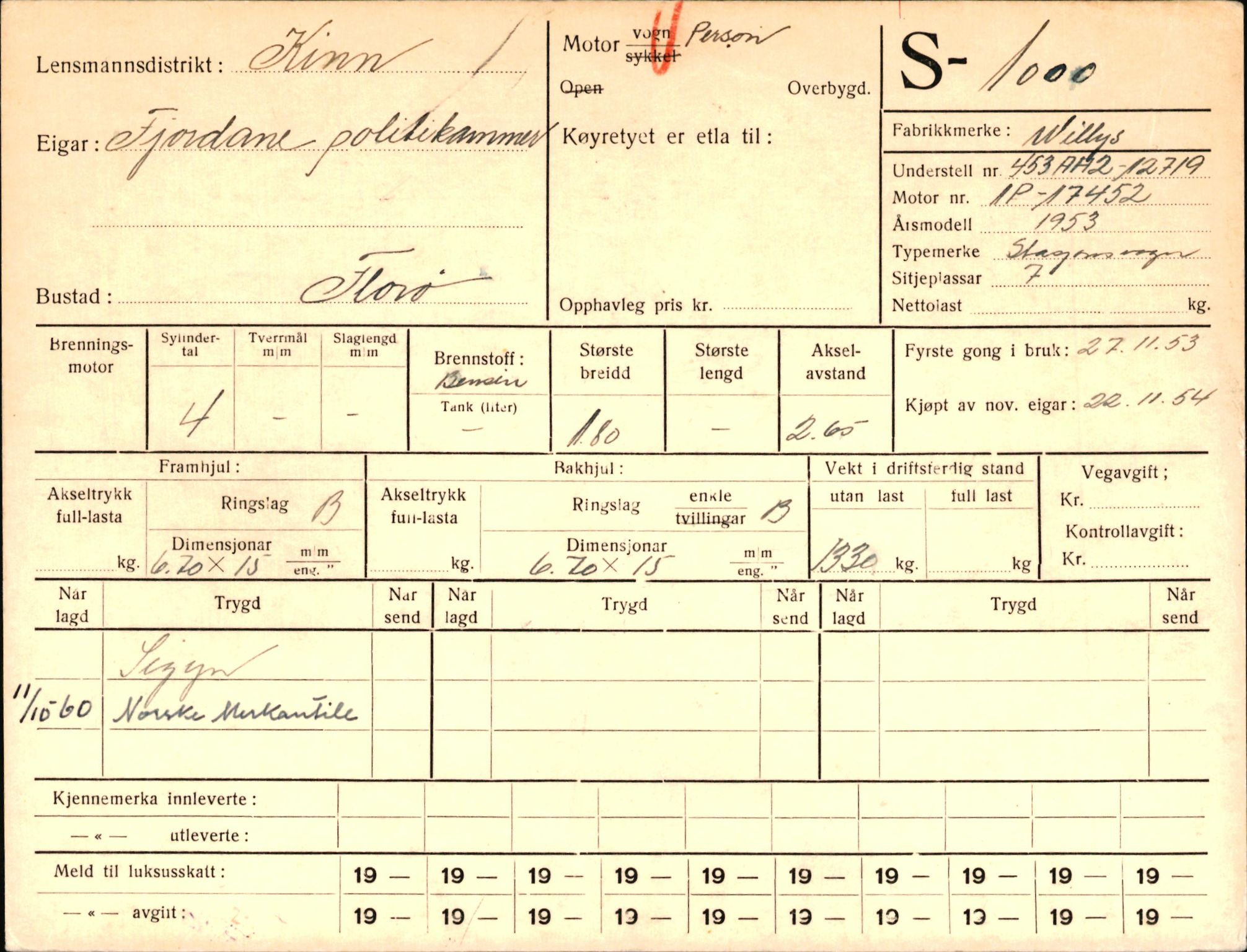 Statens vegvesen, Sogn og Fjordane vegkontor, AV/SAB-A-5301/4/F/L0003: Registerkort utmeldte Fjordane S1000-2499, 1930-1961, p. 3