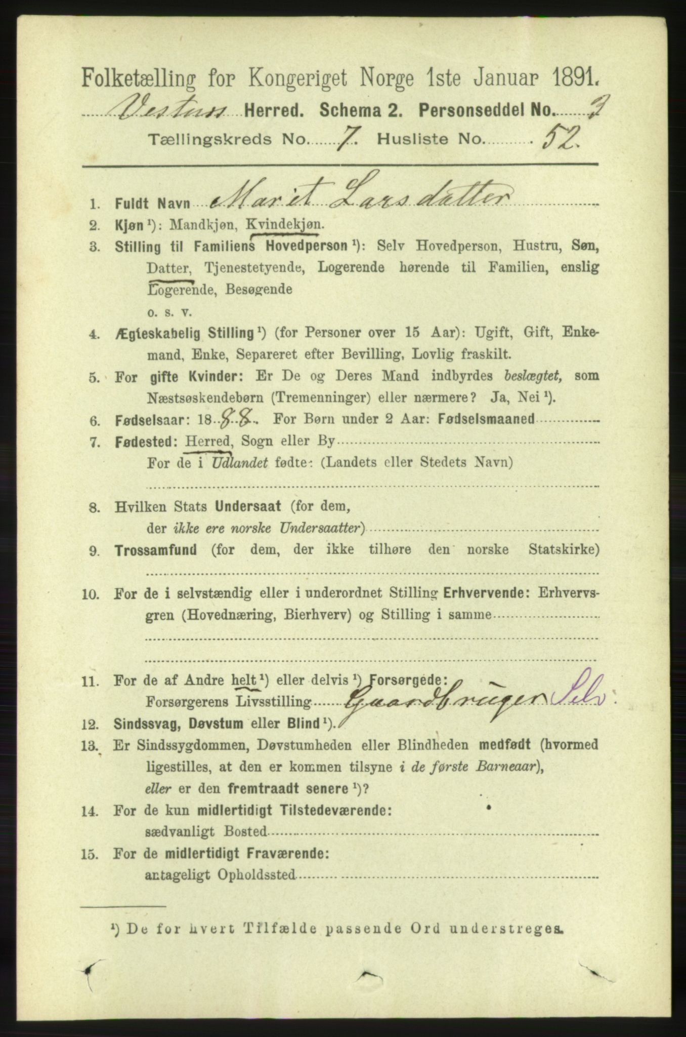 RA, 1891 census for 1535 Vestnes, 1891, p. 2985