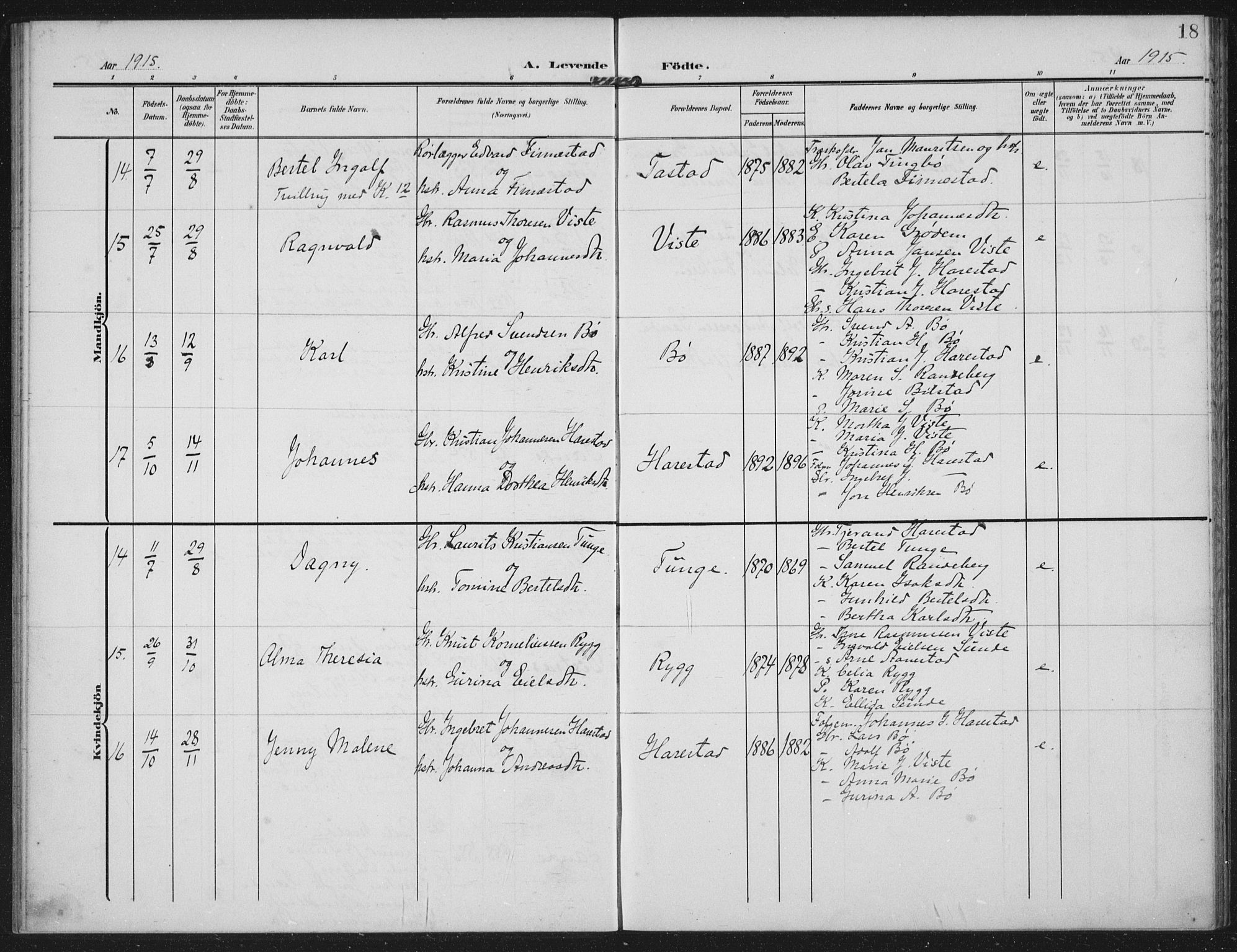 Hetland sokneprestkontor, AV/SAST-A-101826/30/30BA: Parish register (official) no. A 14, 1905-1919, p. 18