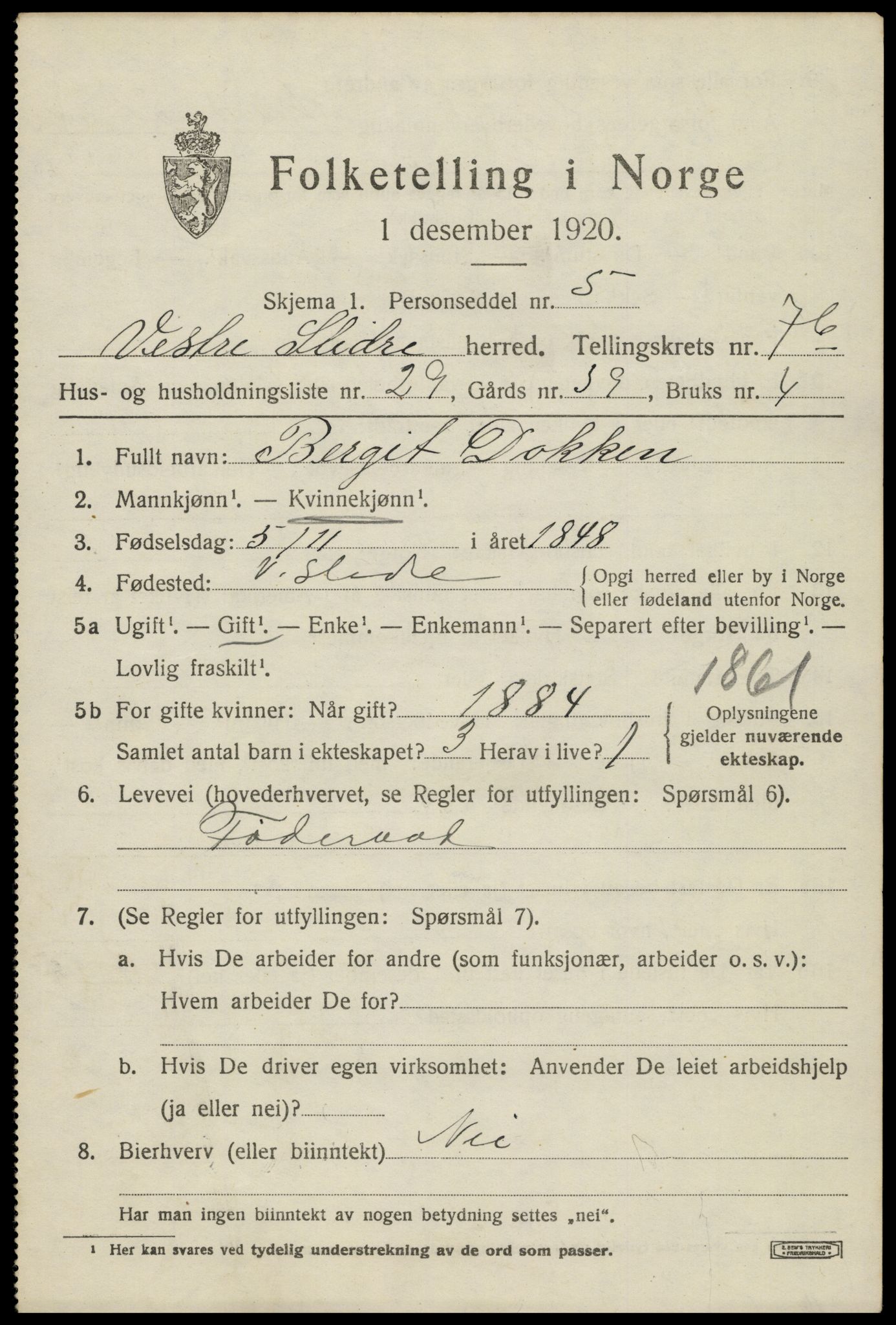 SAH, 1920 census for Vestre Slidre, 1920, p. 4274