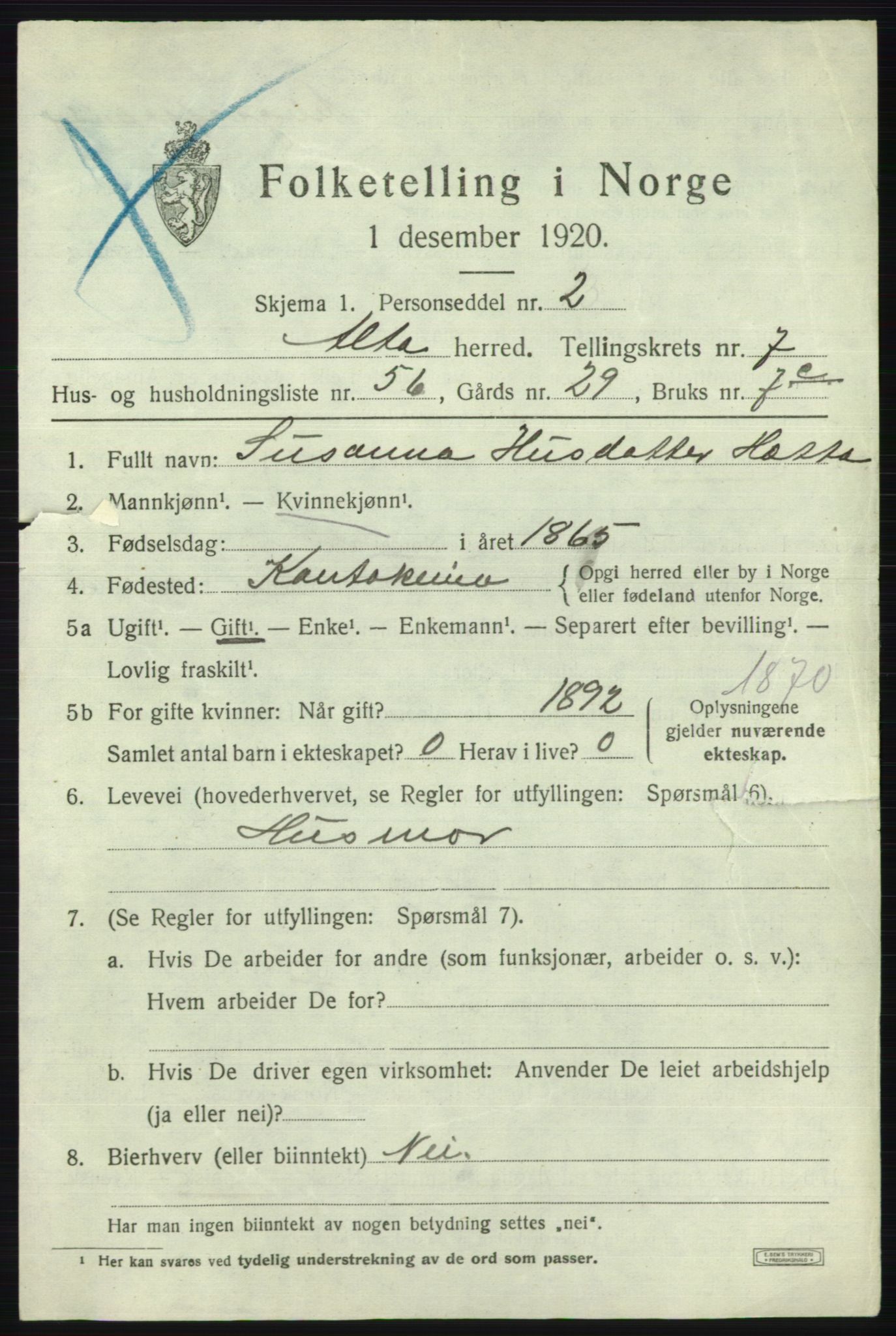 SATØ, 1920 census for Alta, 1920, p. 6043