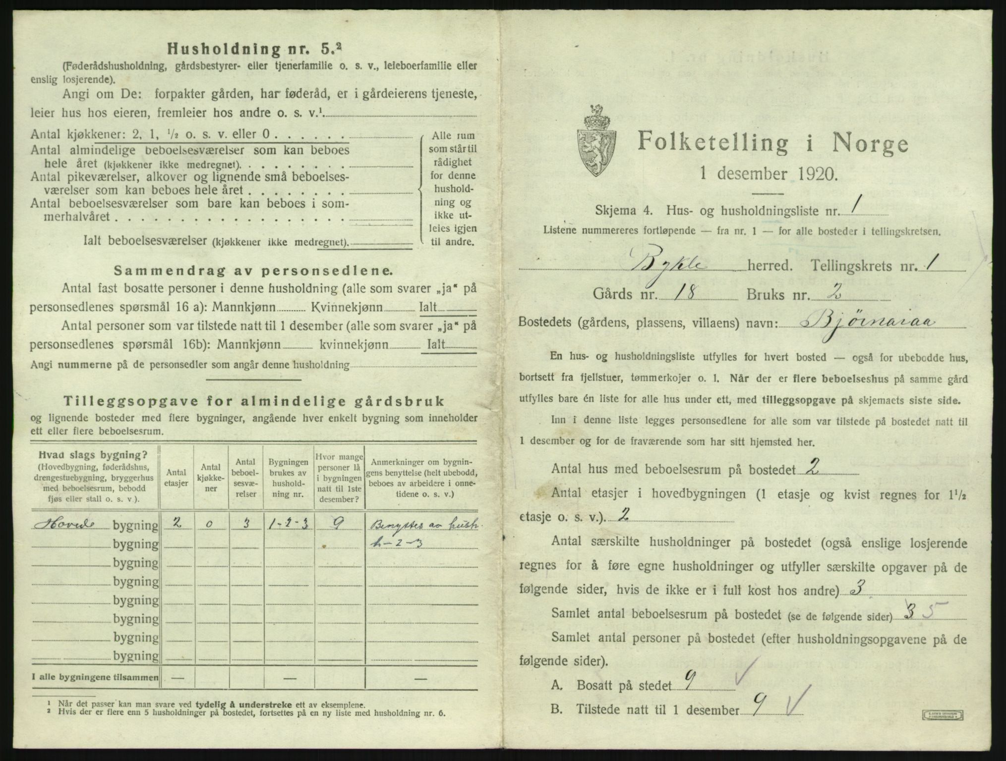 SAK, 1920 census for Bykle, 1920, p. 21
