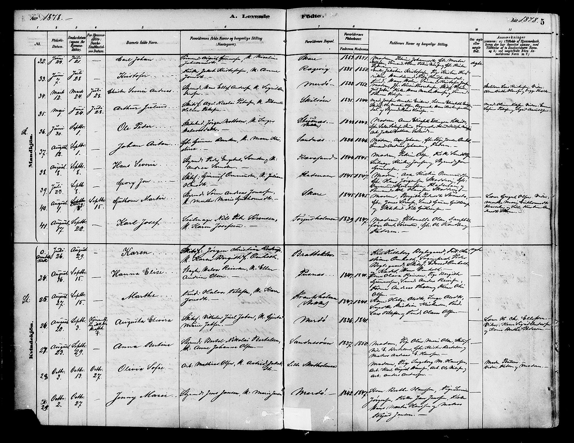 Tromøy sokneprestkontor, AV/SAK-1111-0041/F/Fa/L0009: Parish register (official) no. A 9, 1878-1896, p. 5