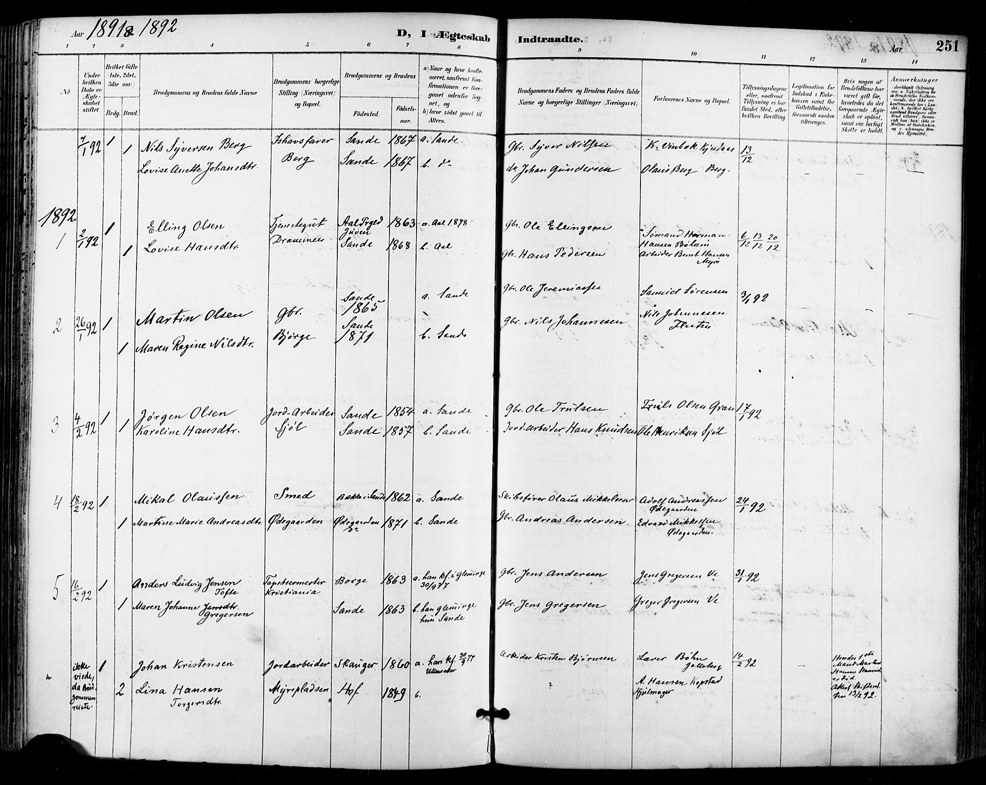 Sande Kirkebøker, SAKO/A-53/F/Fa/L0007: Parish register (official) no. 7, 1888-1903, p. 251