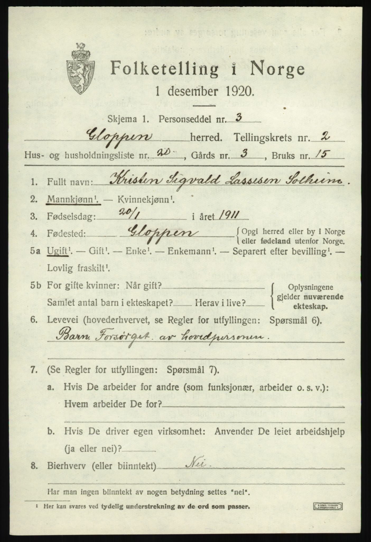 SAB, 1920 census for Gloppen, 1920, p. 1468