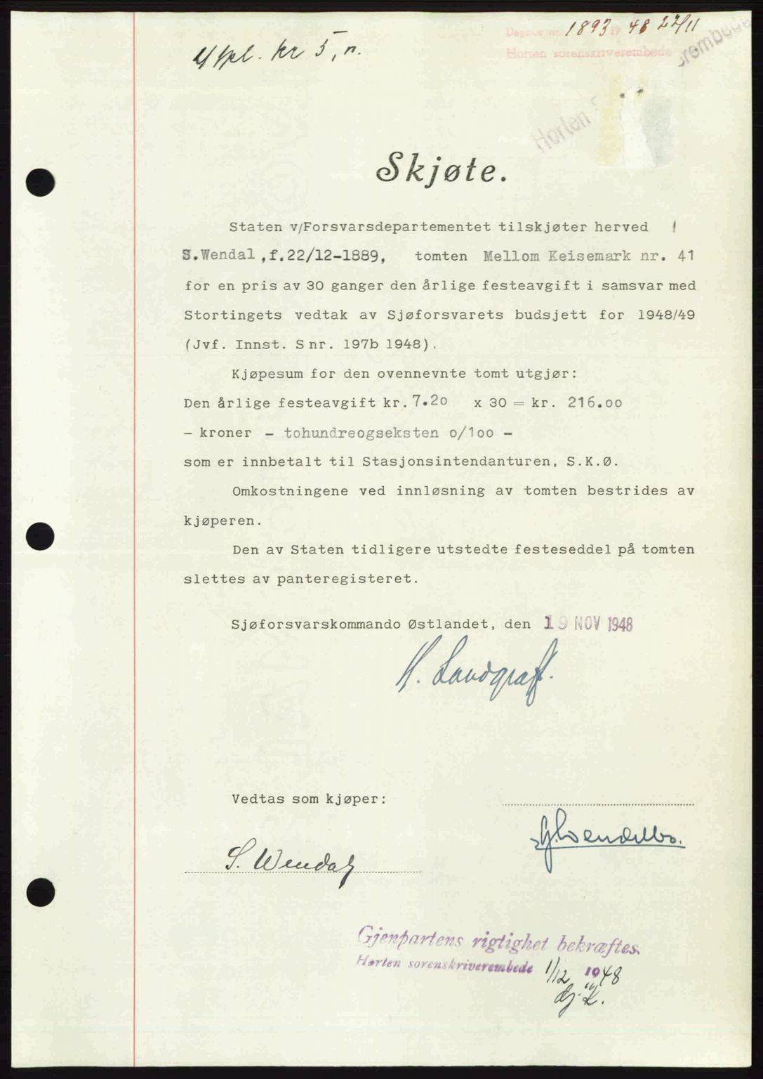 Horten sorenskriveri, AV/SAKO-A-133/G/Ga/Gaa/L0011: Mortgage book no. A-11, 1948-1948, Diary no: : 1893/1948