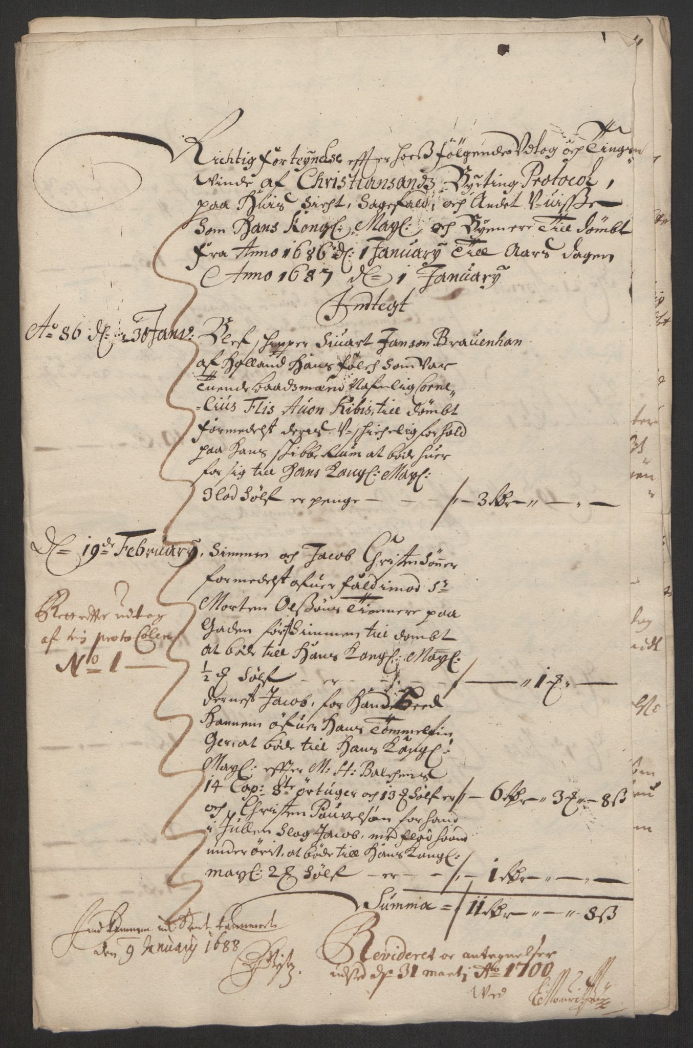 Rentekammeret inntil 1814, Reviderte regnskaper, Byregnskaper, AV/RA-EA-4066/R/Rm/L0285: [M18] Sikt og sakefall, 1681-1718, p. 67