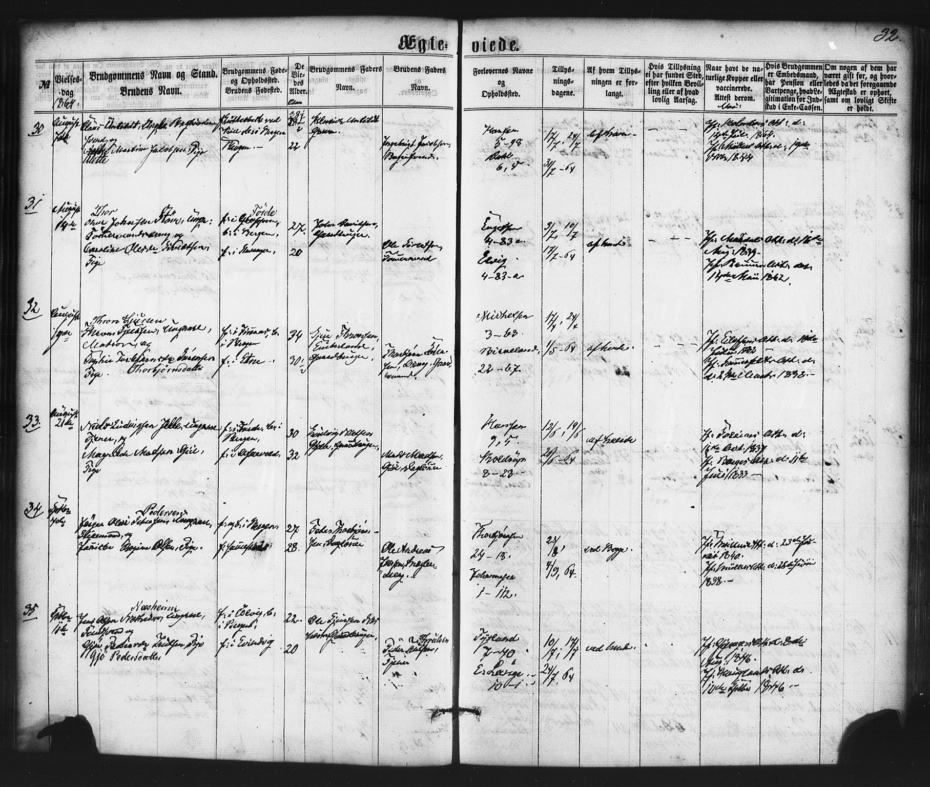 Nykirken Sokneprestembete, AV/SAB-A-77101/H/Haa/L0032: Parish register (official) no. D 2, 1861-1883, p. 32