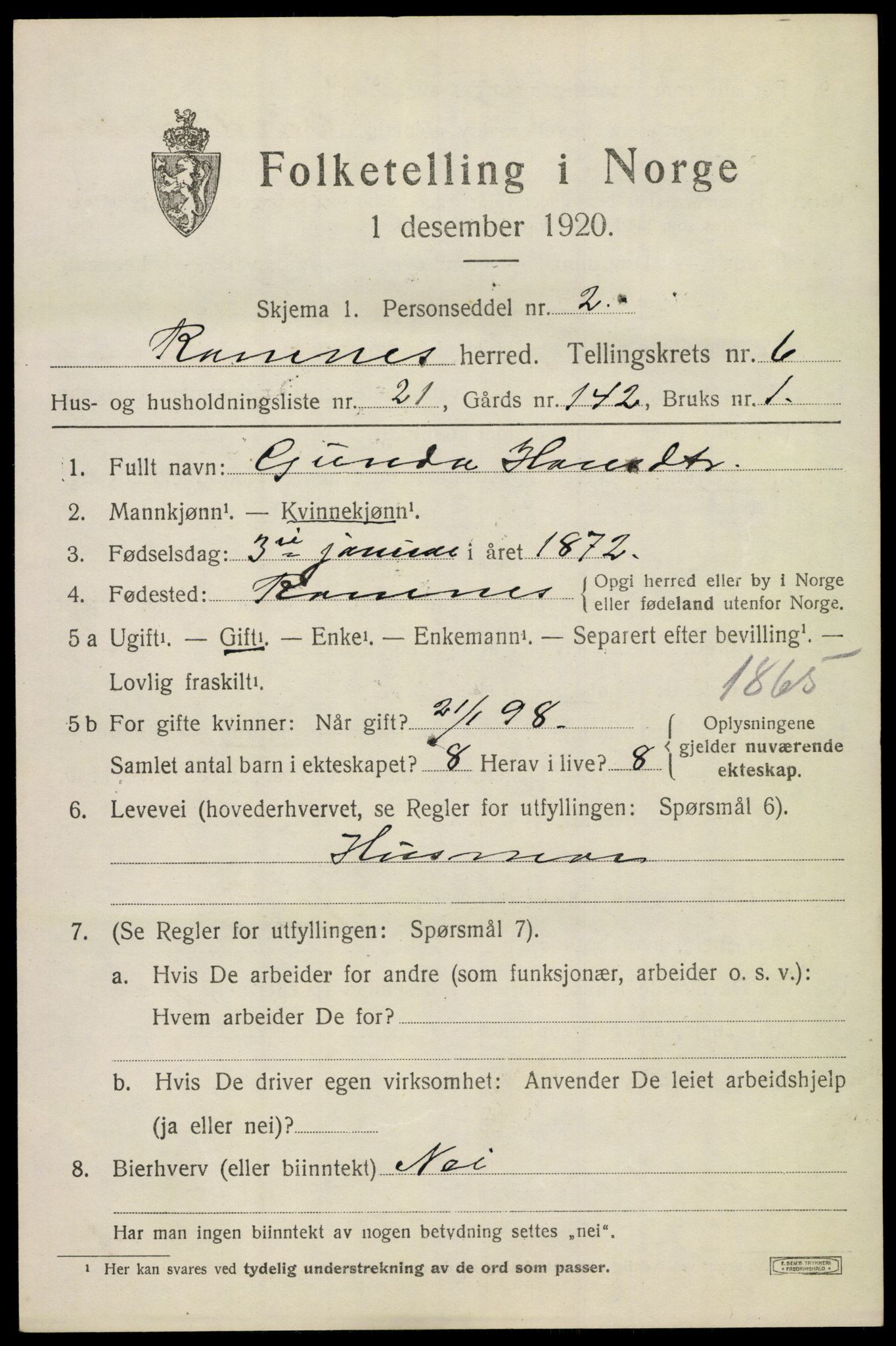 SAKO, 1920 census for Ramnes, 1920, p. 6402