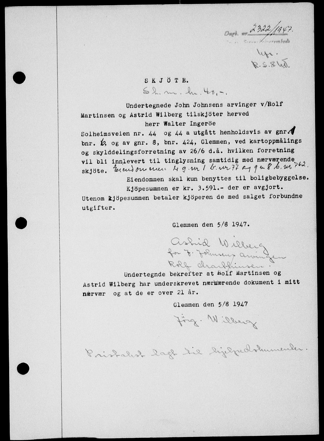 Onsøy sorenskriveri, AV/SAO-A-10474/G/Ga/Gab/L0021: Mortgage book no. II A-21, 1947-1947, Diary no: : 2322/1947