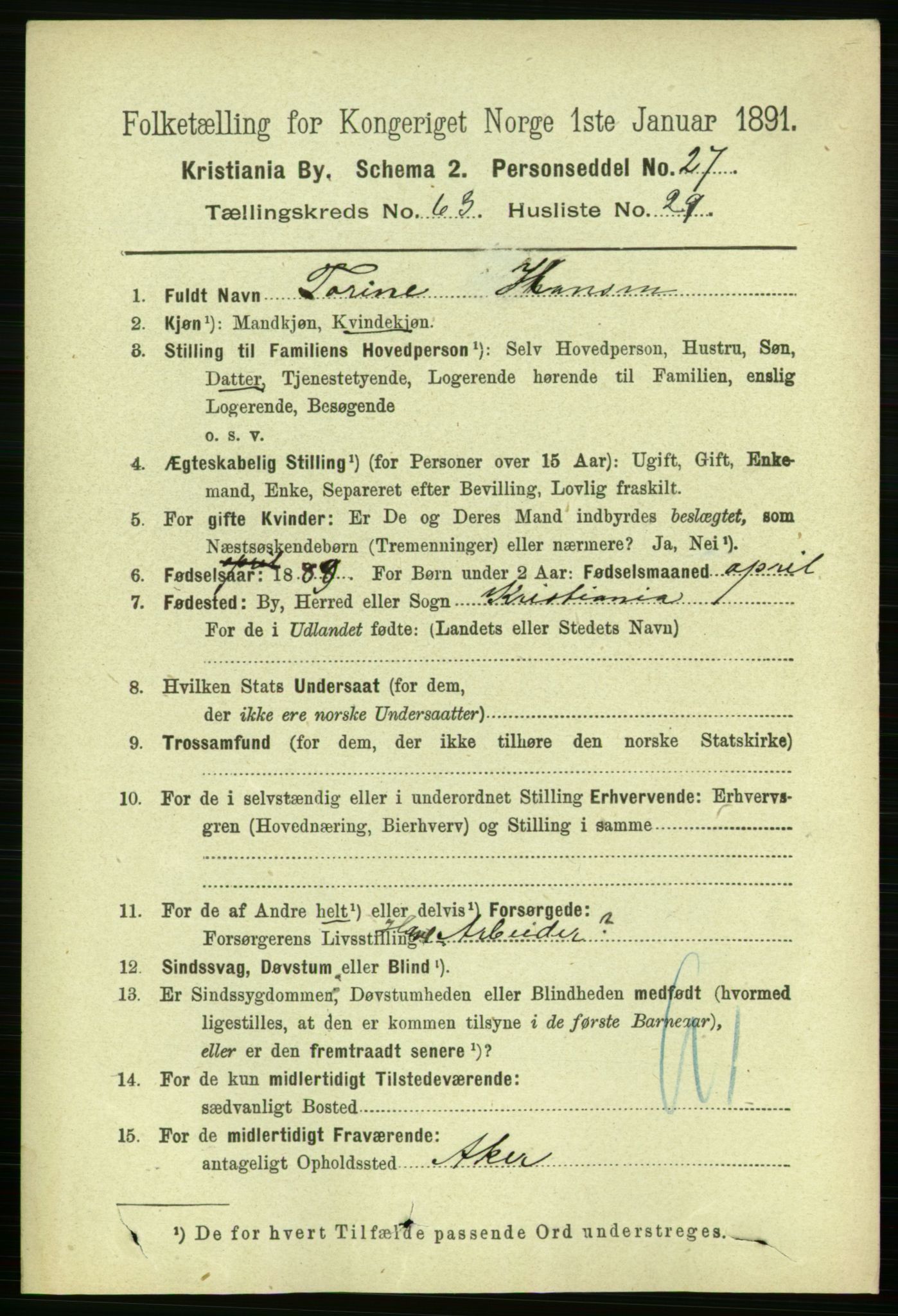 RA, 1891 census for 0301 Kristiania, 1891, p. 34275