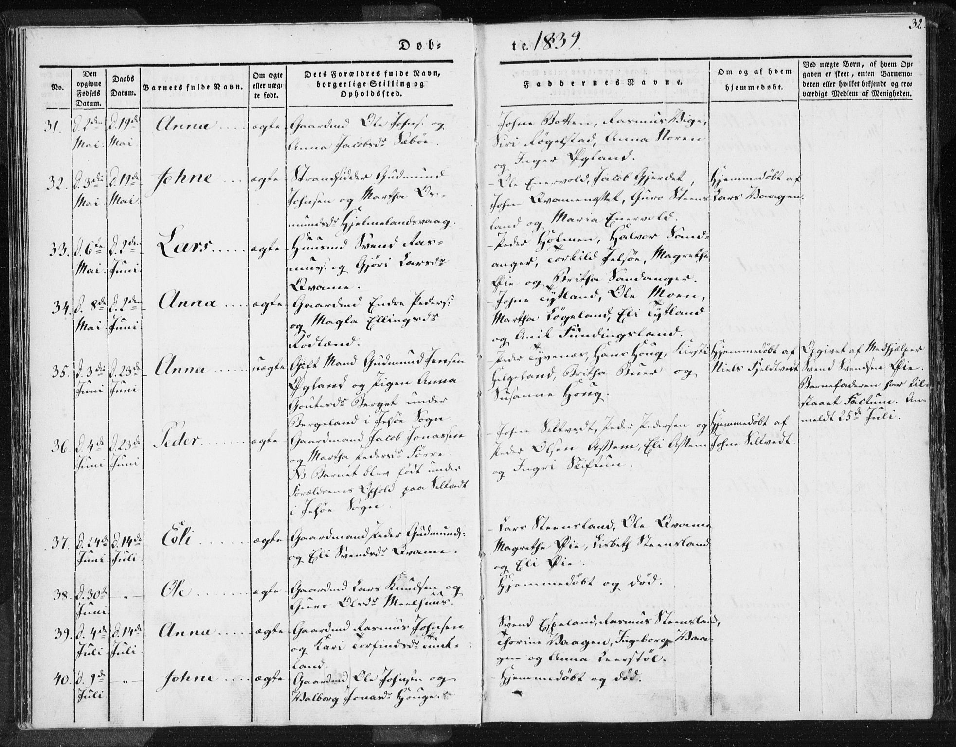 Hjelmeland sokneprestkontor, AV/SAST-A-101843/01/IV/L0006: Parish register (official) no. A 6, 1834-1845, p. 32