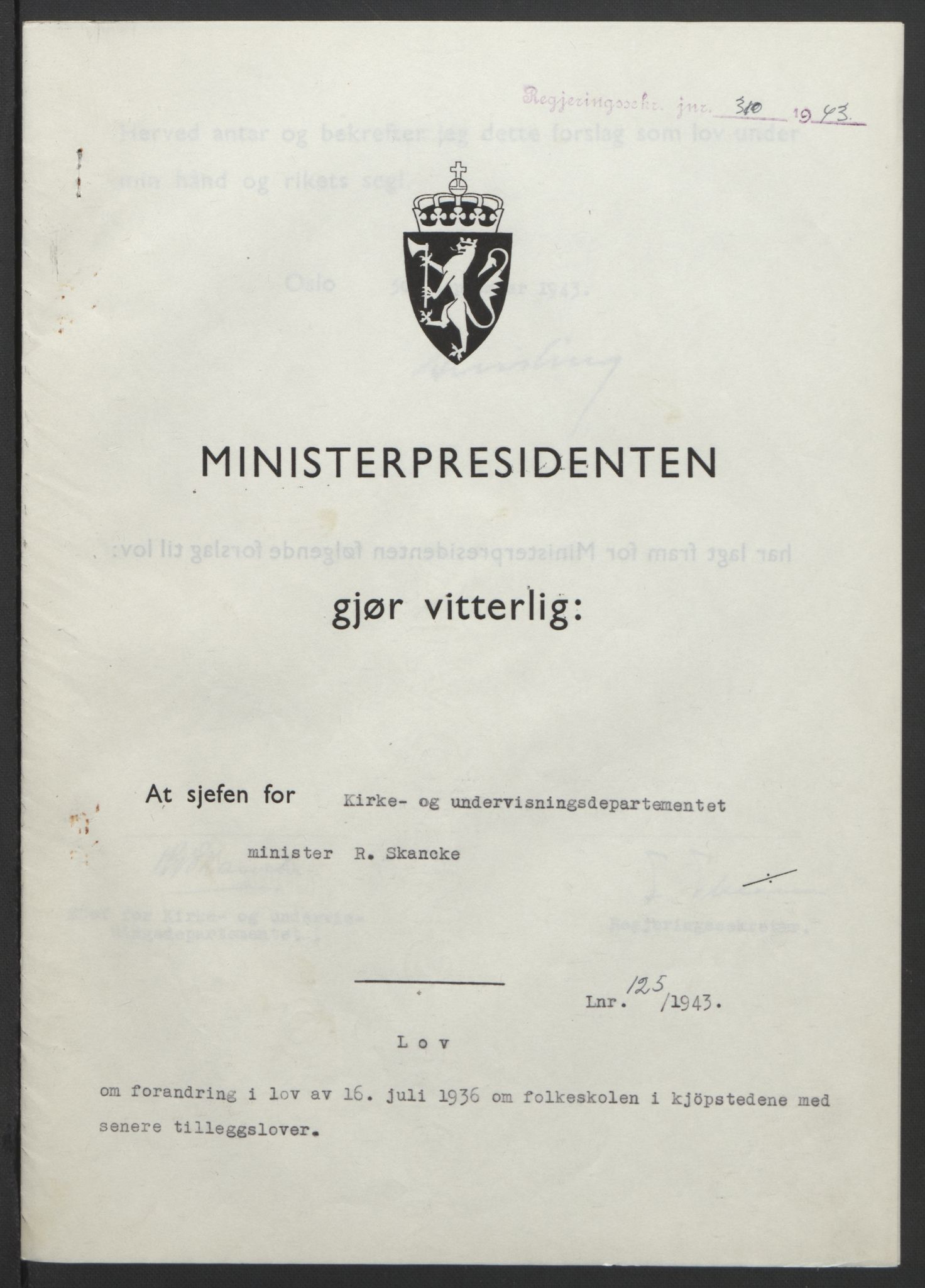 NS-administrasjonen 1940-1945 (Statsrådsekretariatet, de kommisariske statsråder mm), RA/S-4279/D/Db/L0099: Lover, 1943, p. 580