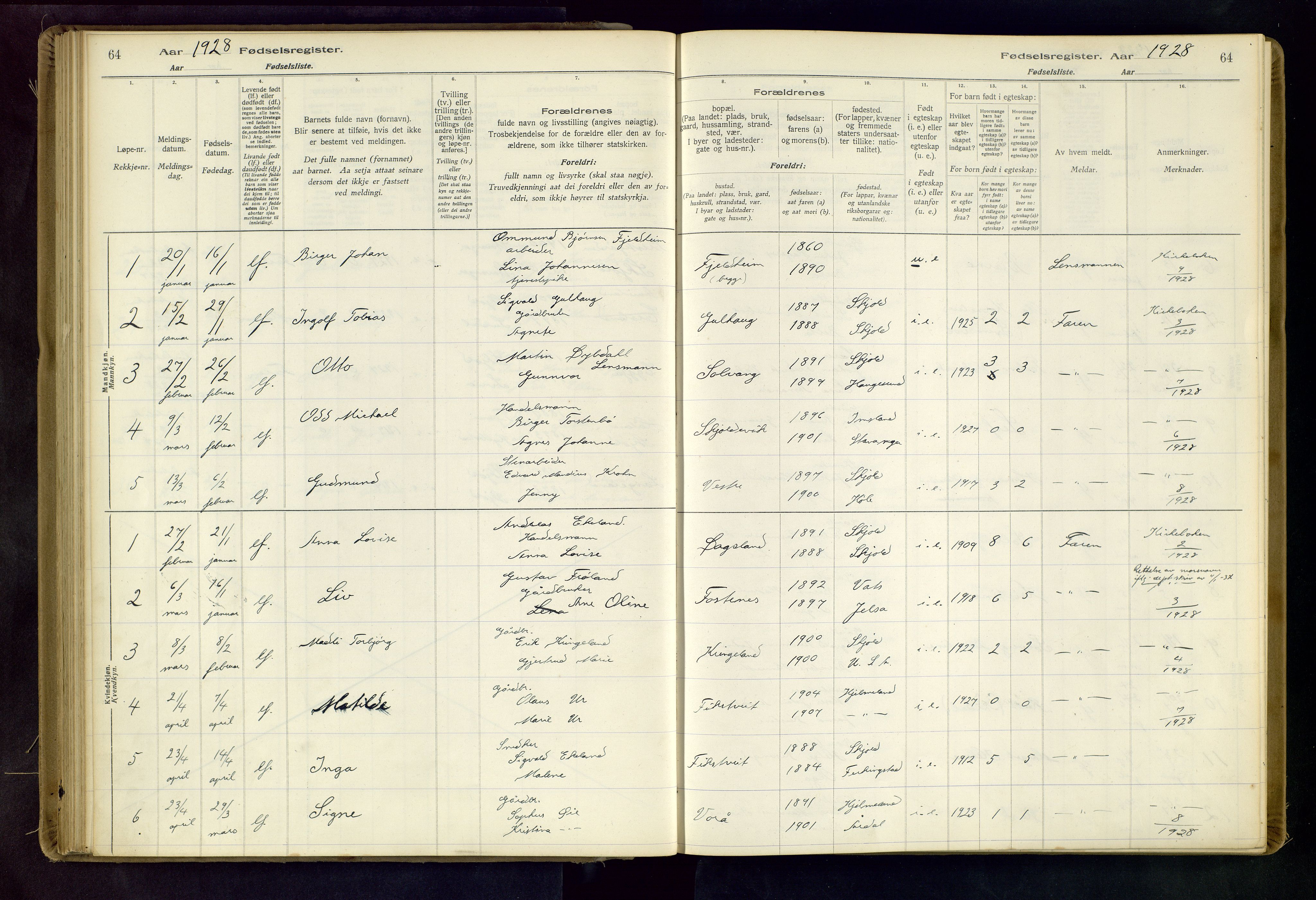 Skjold sokneprestkontor, SAST/A-101847/I/Id/L0001: Birth register no. 1, 1917-1951, p. 64