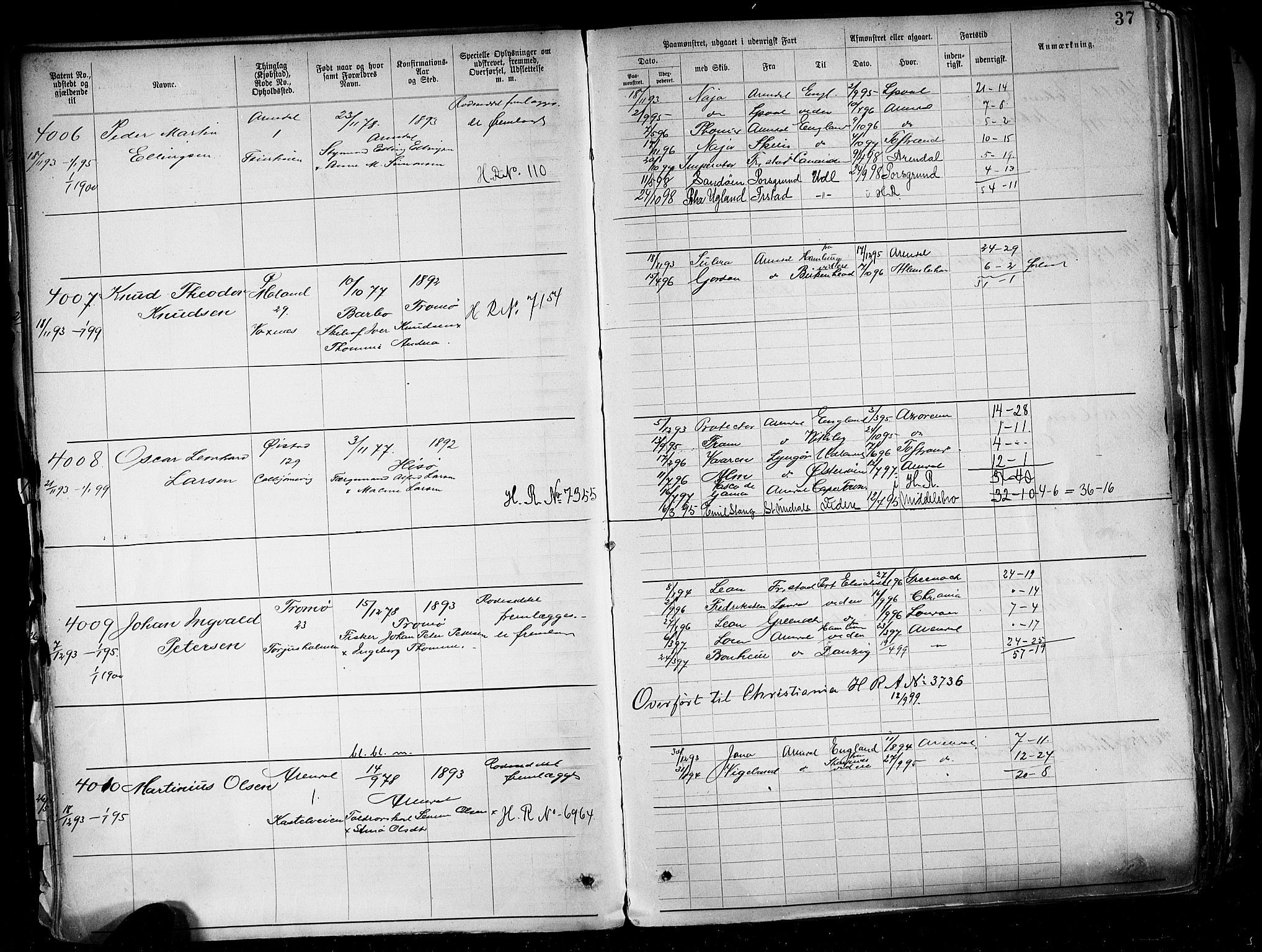 Arendal mønstringskrets, SAK/2031-0012/F/Fa/L0004: Annotasjonsrulle nr 3828-4715 og nr 1-1296, S-4, 1892-1918, p. 41