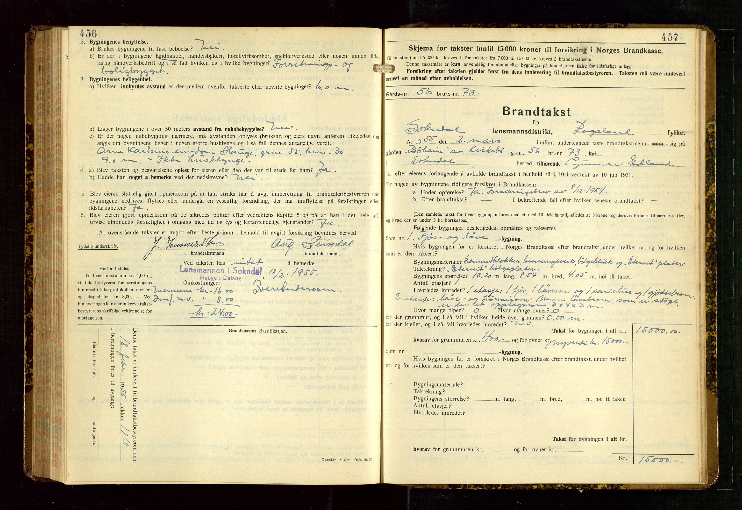 Sokndal lensmannskontor, AV/SAST-A-100417/Gob/L0008: "Brandtakst-Protokoll", 1937-1955, p. 456-457