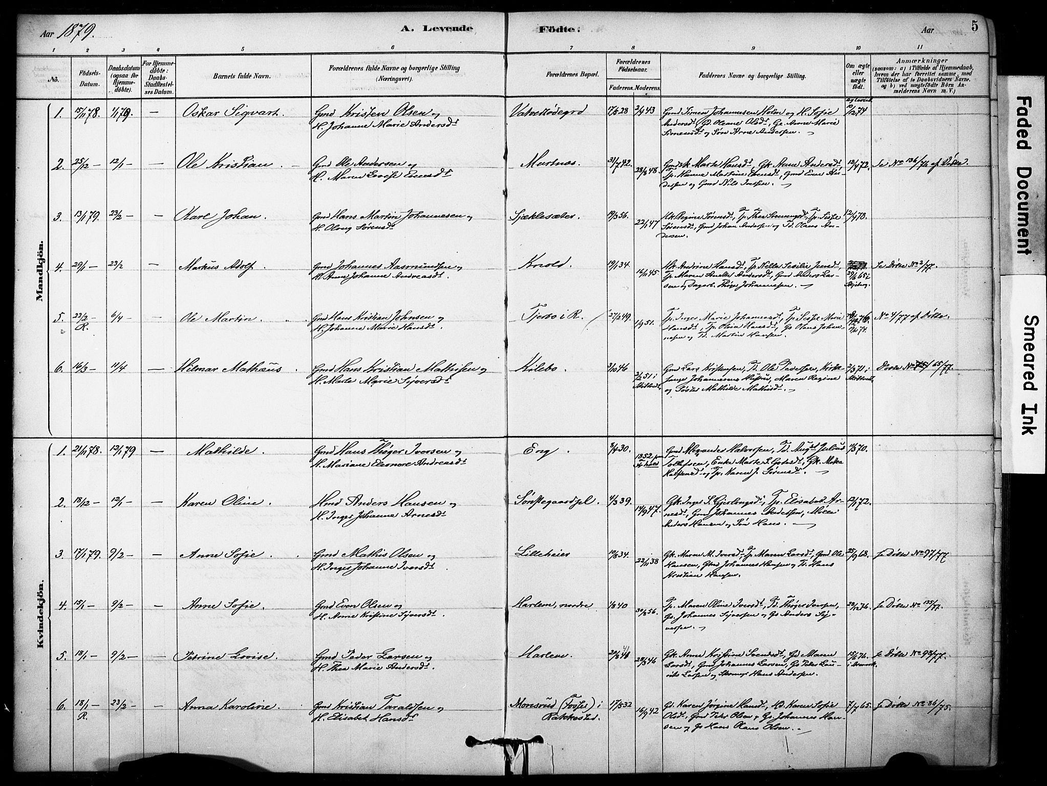 Rakkestad prestekontor Kirkebøker, AV/SAO-A-2008/F/Fb/L0001: Parish register (official) no. II 1, 1878-1899, p. 5