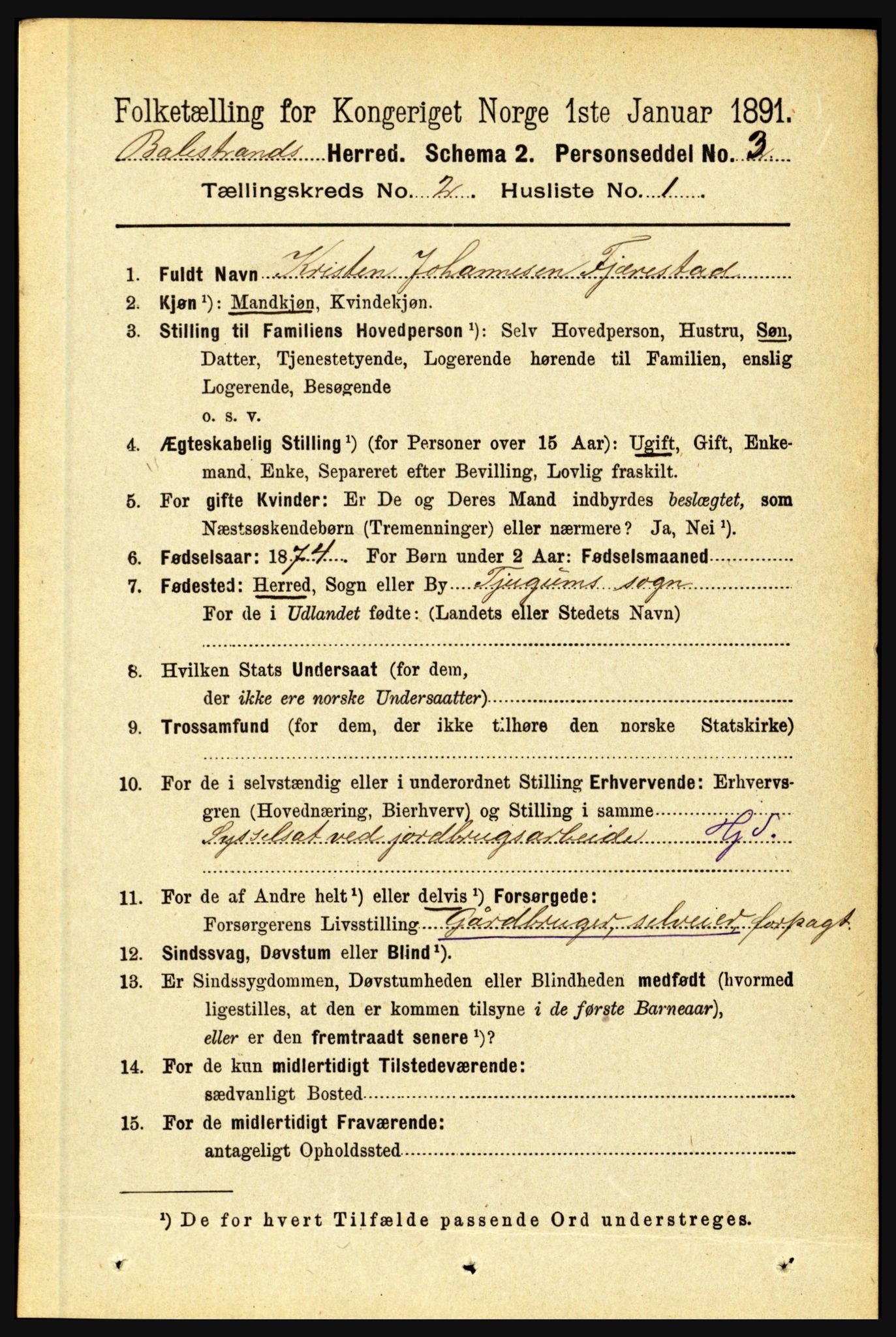 RA, 1891 census for 1418 Balestrand, 1891, p. 278