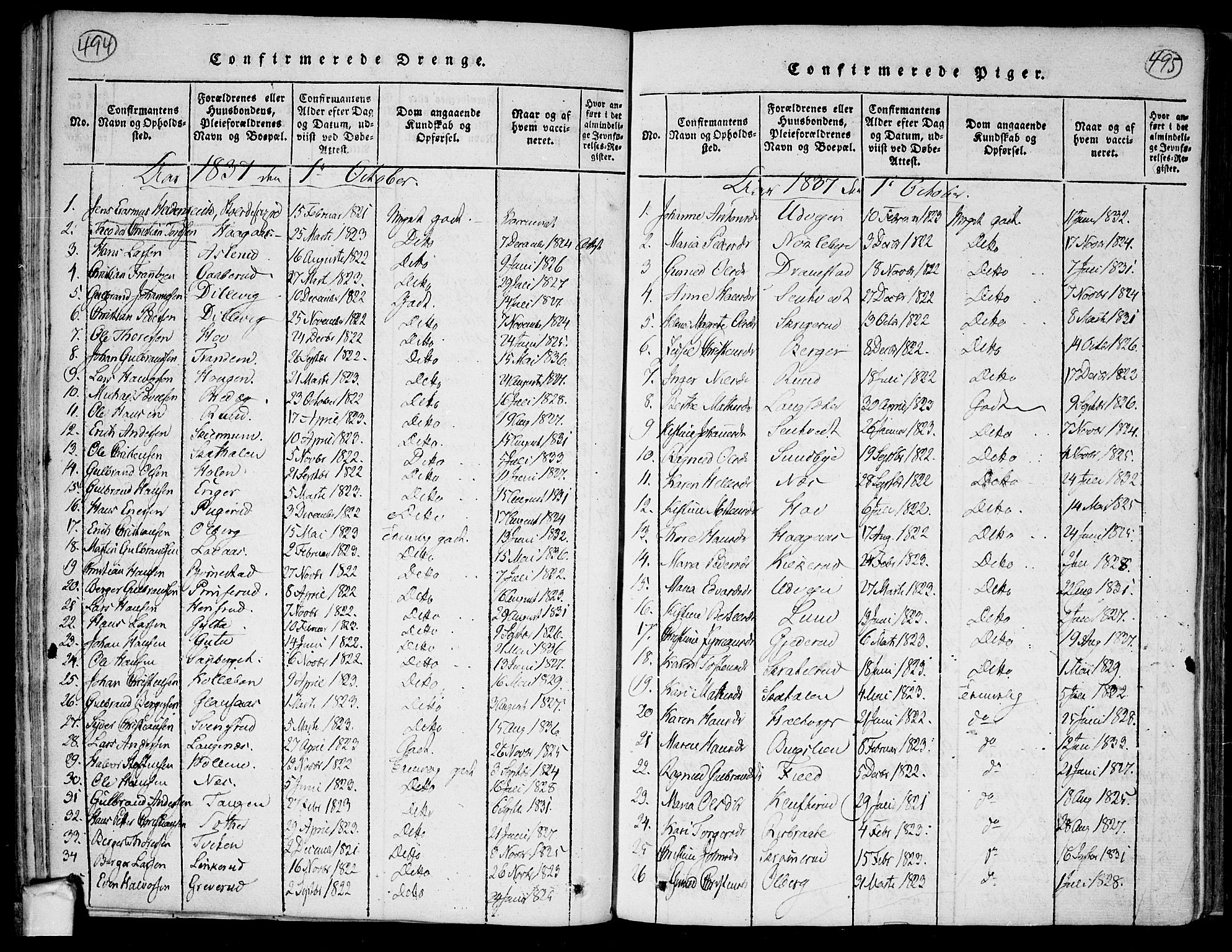 Trøgstad prestekontor Kirkebøker, SAO/A-10925/F/Fa/L0006: Parish register (official) no. I 6, 1815-1844, p. 494-495