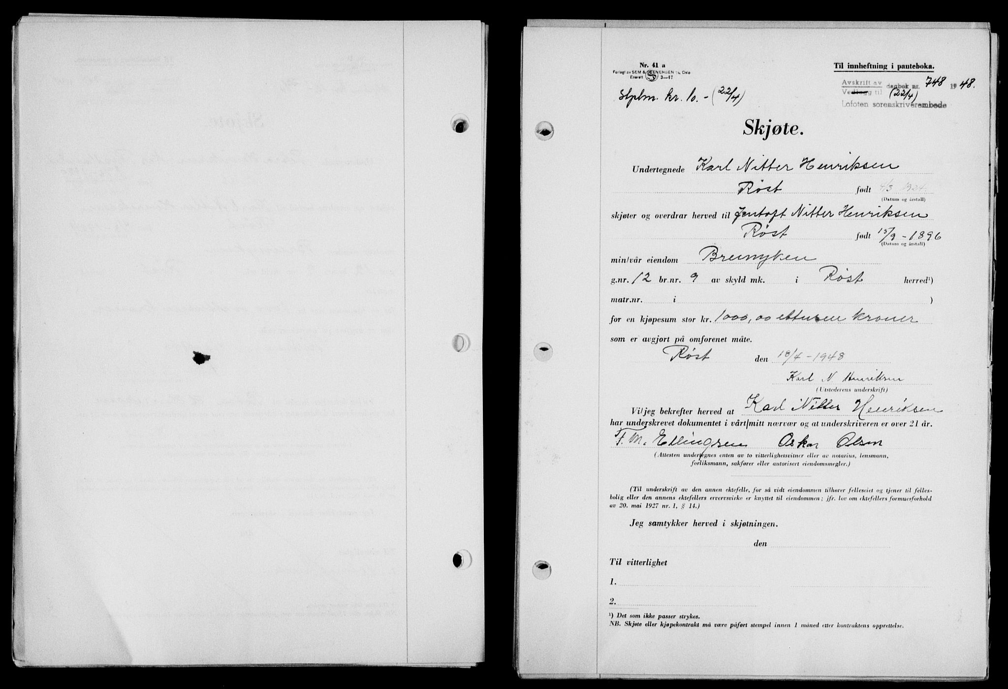 Lofoten sorenskriveri, SAT/A-0017/1/2/2C/L0018a: Mortgage book no. 18a, 1948-1948, Diary no: : 748/1948