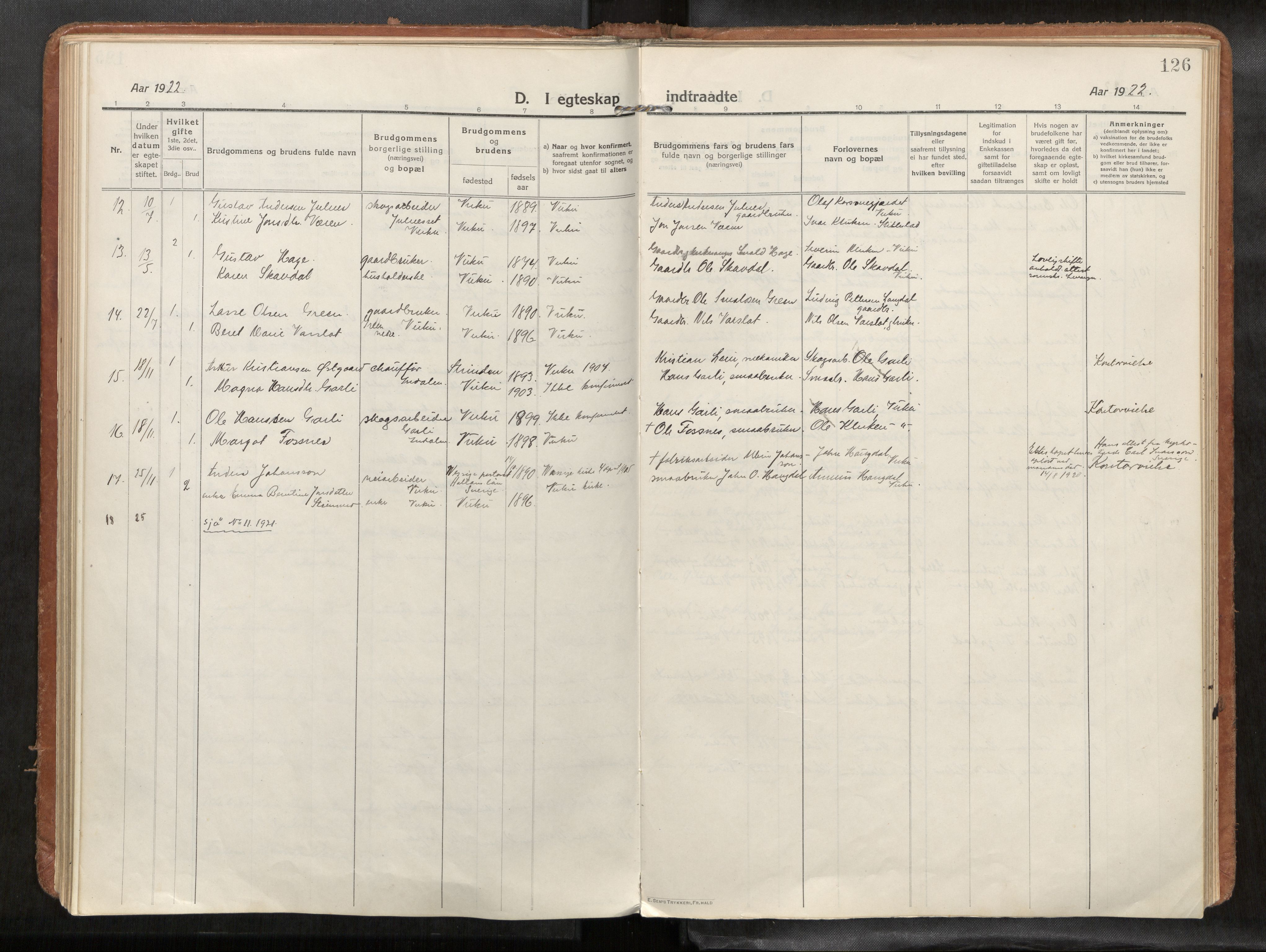 Verdal sokneprestkontor, SAT/A-1156/2/H/Haa/L0004: Parish register (official) no. 4, 1916-1928, p. 126