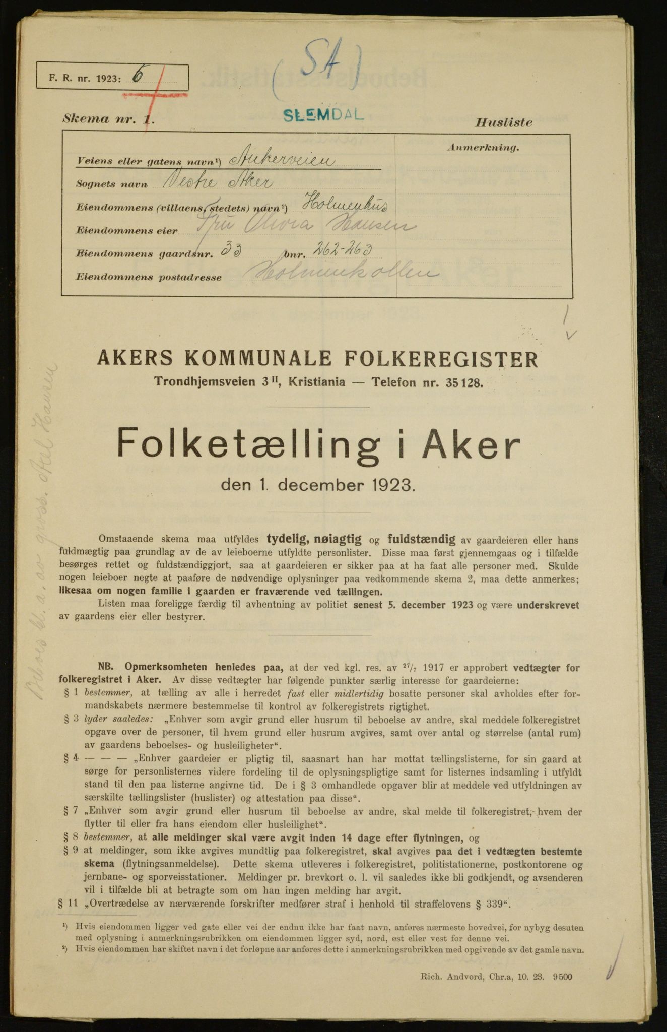 , Municipal Census 1923 for Aker, 1923, p. 7423